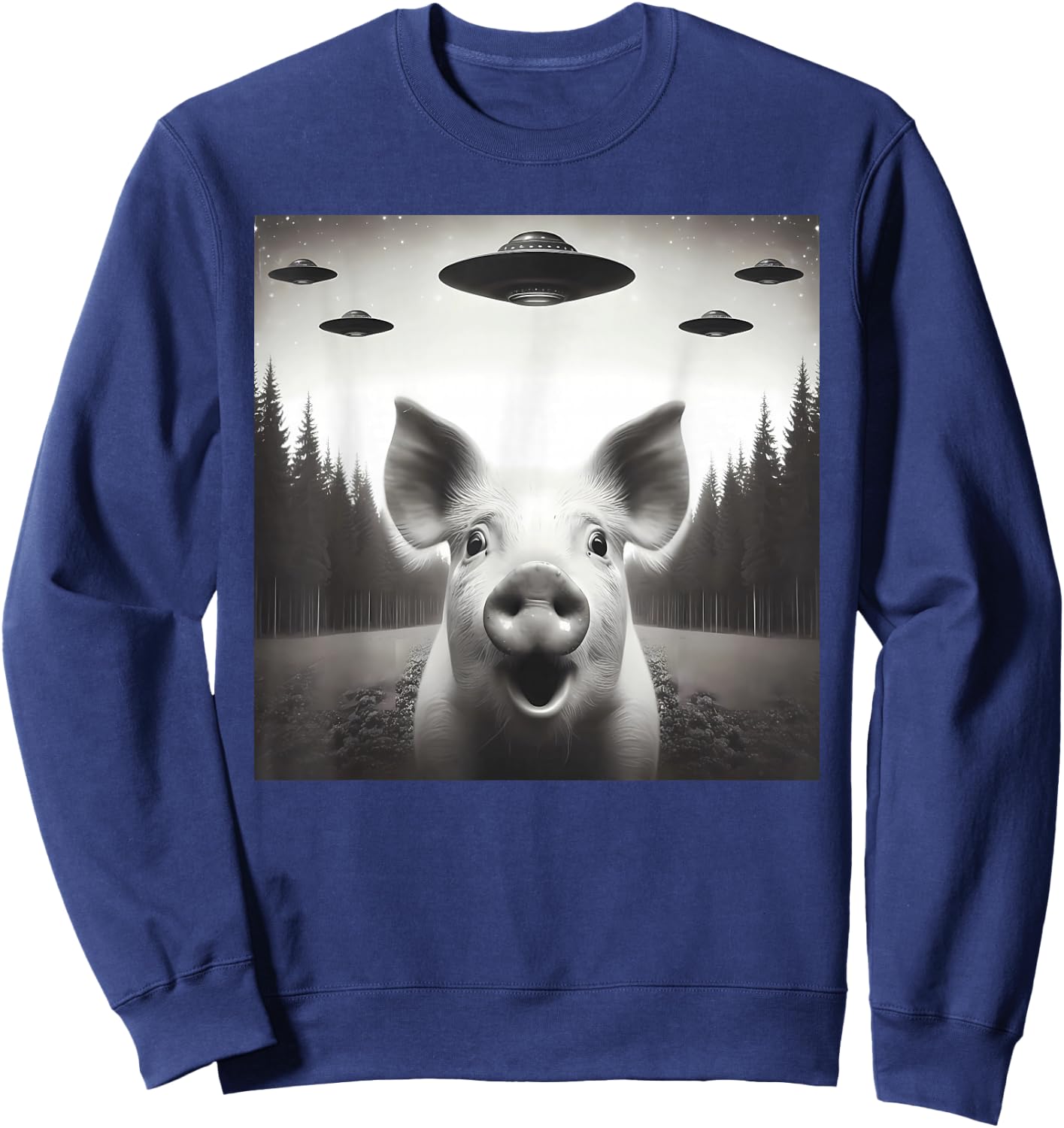 Funny Pig Selfie UFO Alien Humor Vintage Print Art Design Sweatshirt - Sweatshirt | Navy