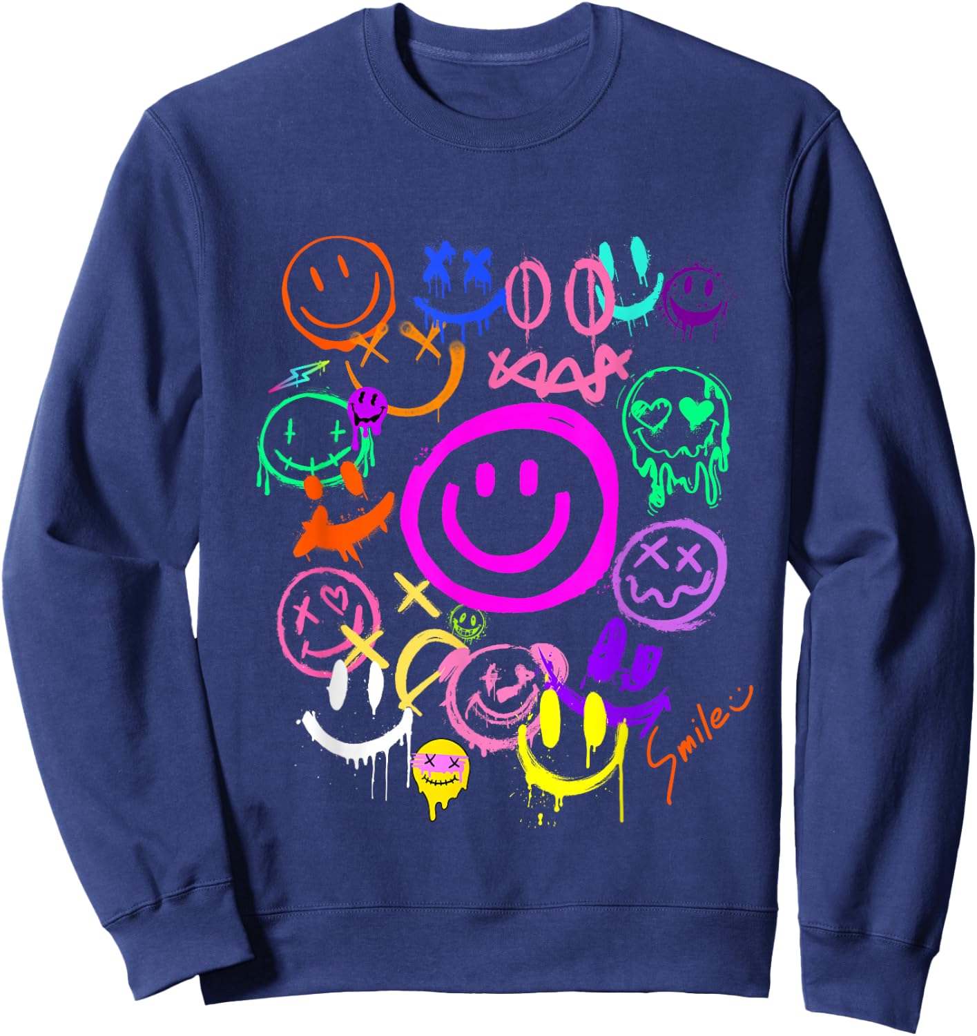 Smile Face Emoticons Fun Vivid Graffiti Smiley Face Graphic , black, S Sweatshirt - Sweatshirt | Navy