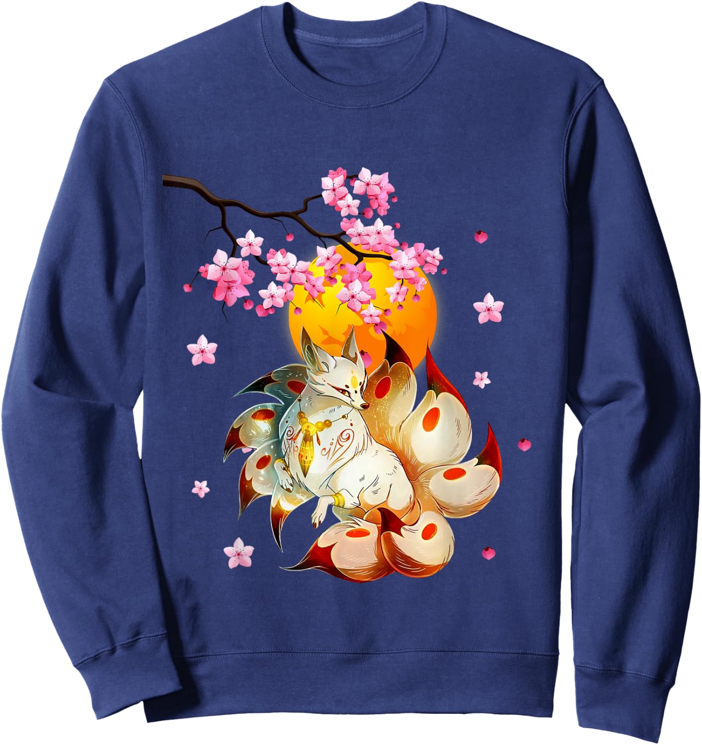 Kitsune-Fox Japanese Nine Tailed Fox-Cherry Blossom Flowers Sweatshirt - Sweatshirt | Navy