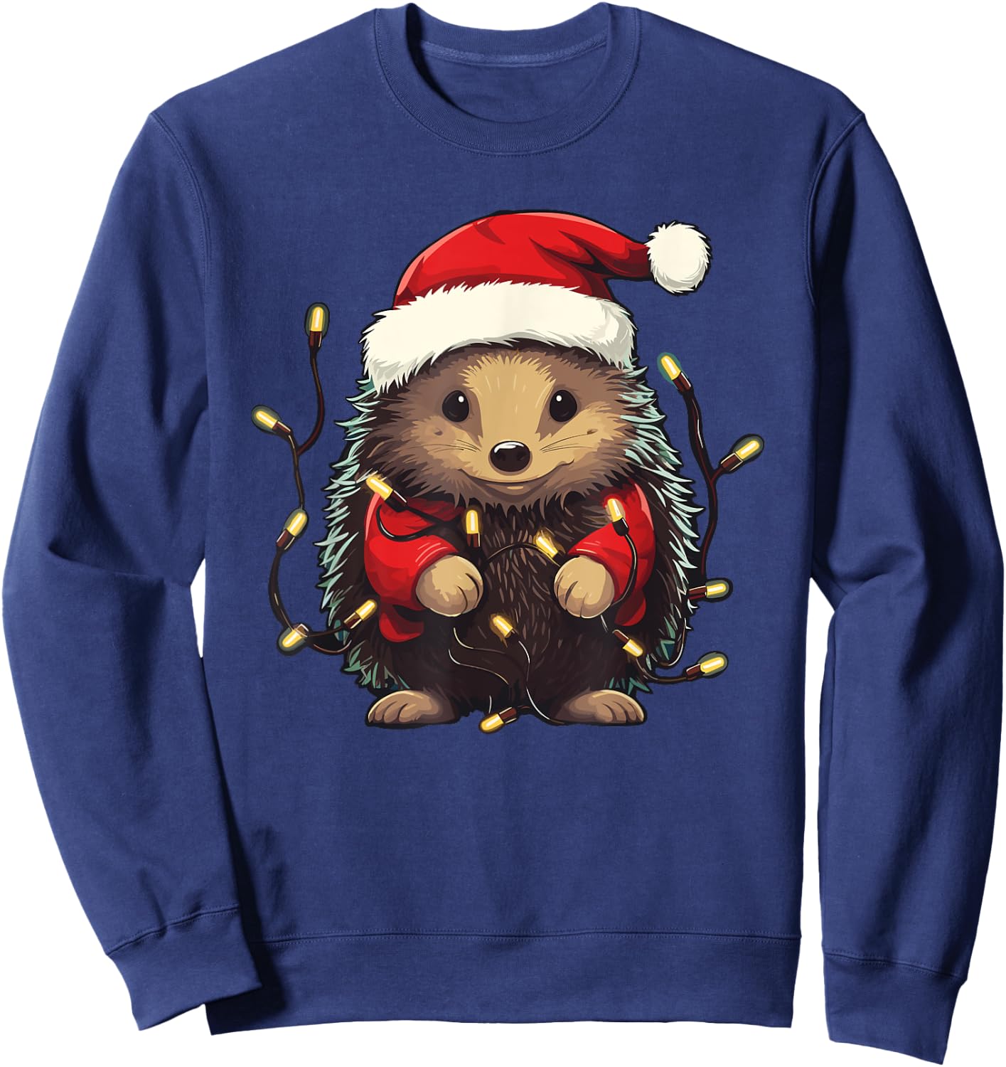 Cute Hedgehog Christmas Lights Santa Hat Xmas Pajama Sweatshirt - Sweatshirt | Navy
