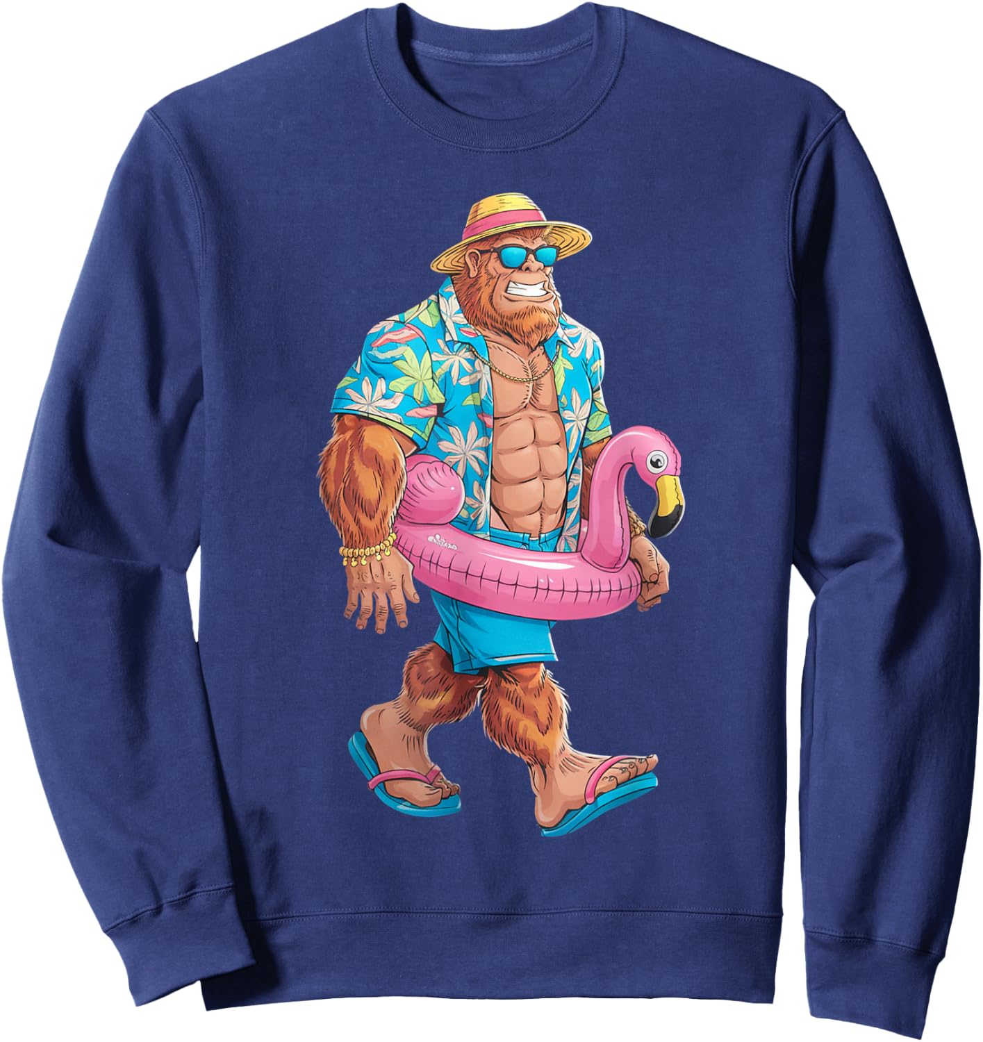 Hawaiian Bigfoot Sasquatch Pink Flamingo Pool Party Summer Sweatshirt - Sweatshirt | Navy