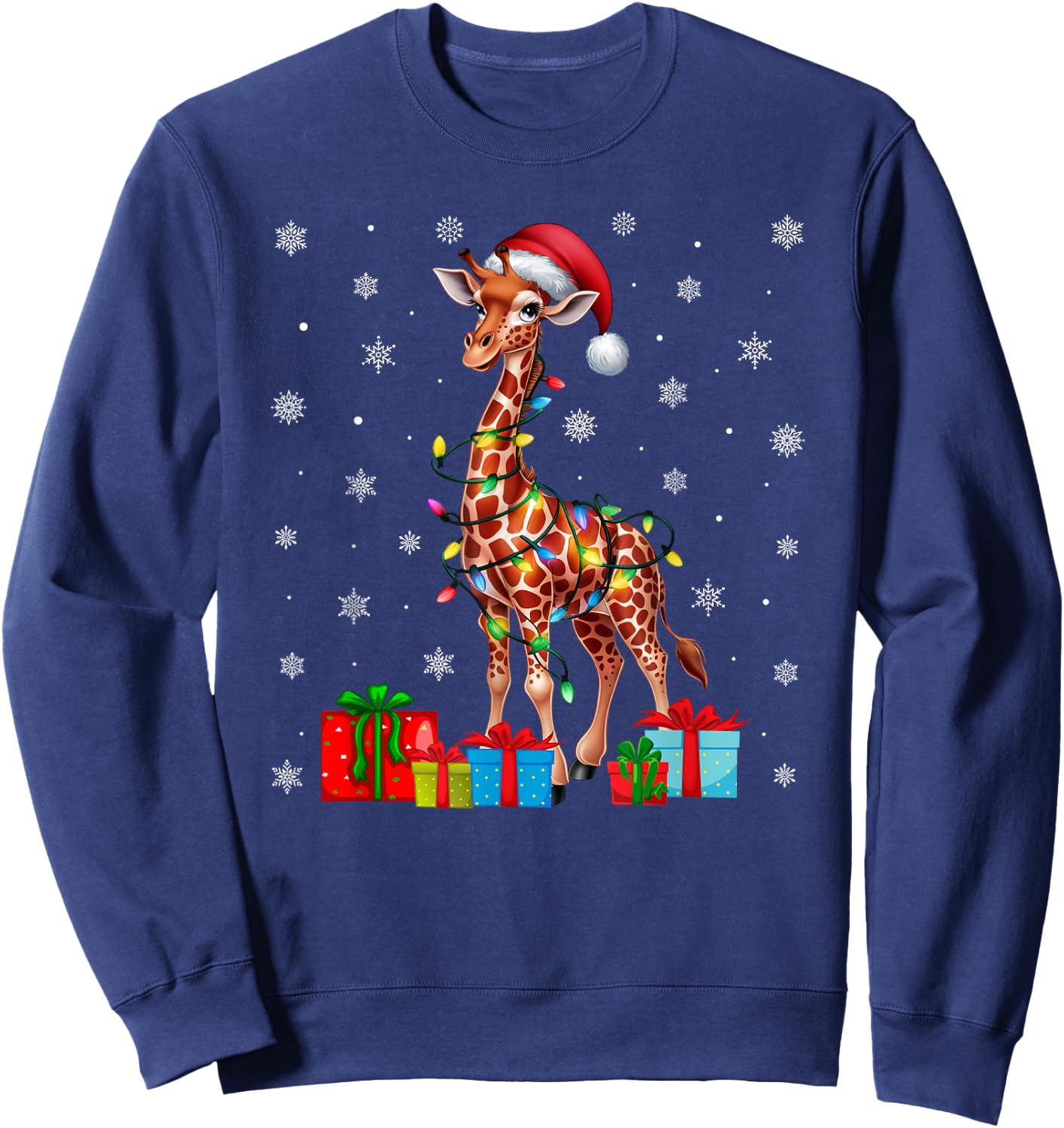 Giraffe Ugly Xmas Lights Santa Hat Giraffe Christmas Sweatshirt - Sweatshirt | Navy