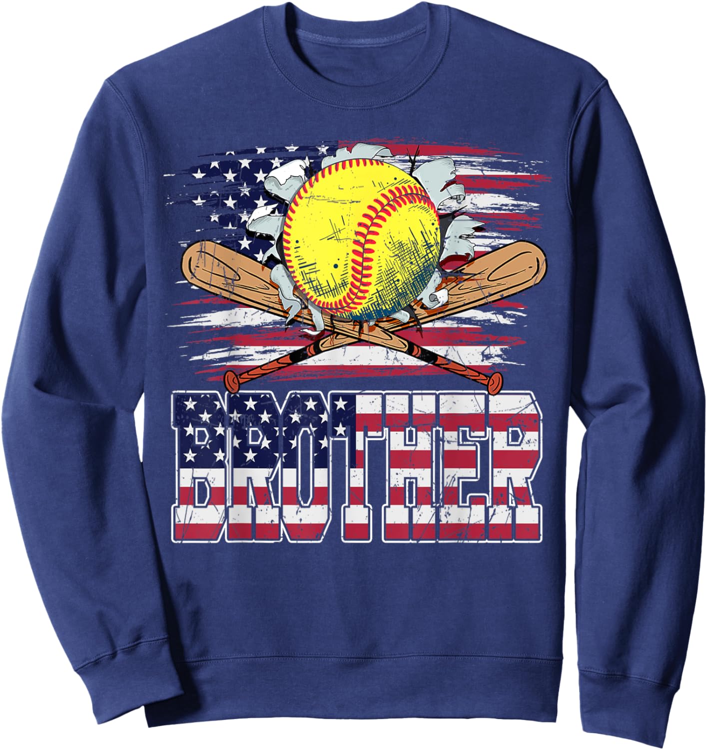 Softball Brother Vintage USA American Flag 4th Of July Women Kids Men Sweatshirt - Sweatshirt | Navy