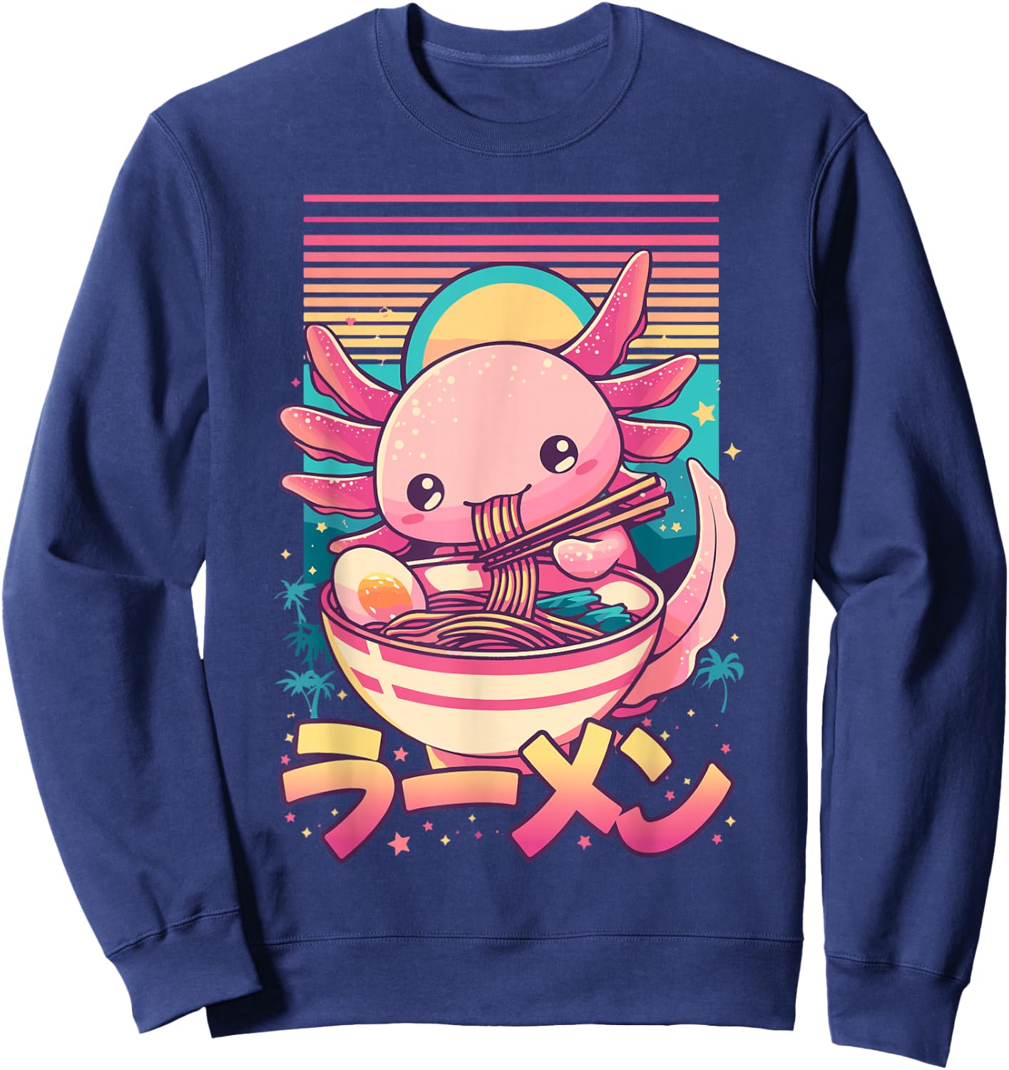 Anime Axolotl Eating Ramen Retro Kawaii Axolotl Ramen Sweatshirt - Sweatshirt | Navy