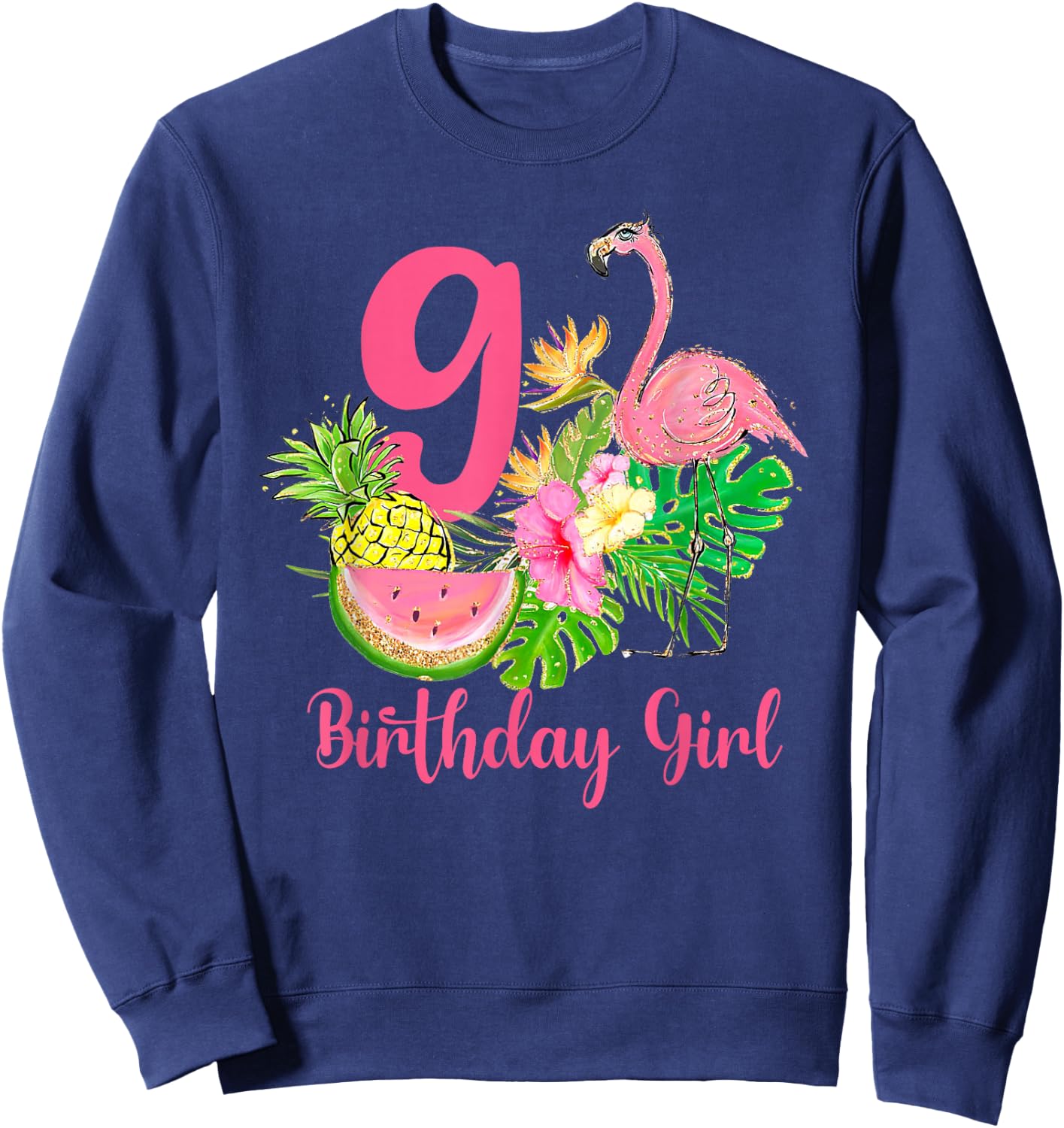 9th Birthday Tropical Flamingo Hawaii 9 Year Old Girl Sweatshirt - Sweatshirt | Navy