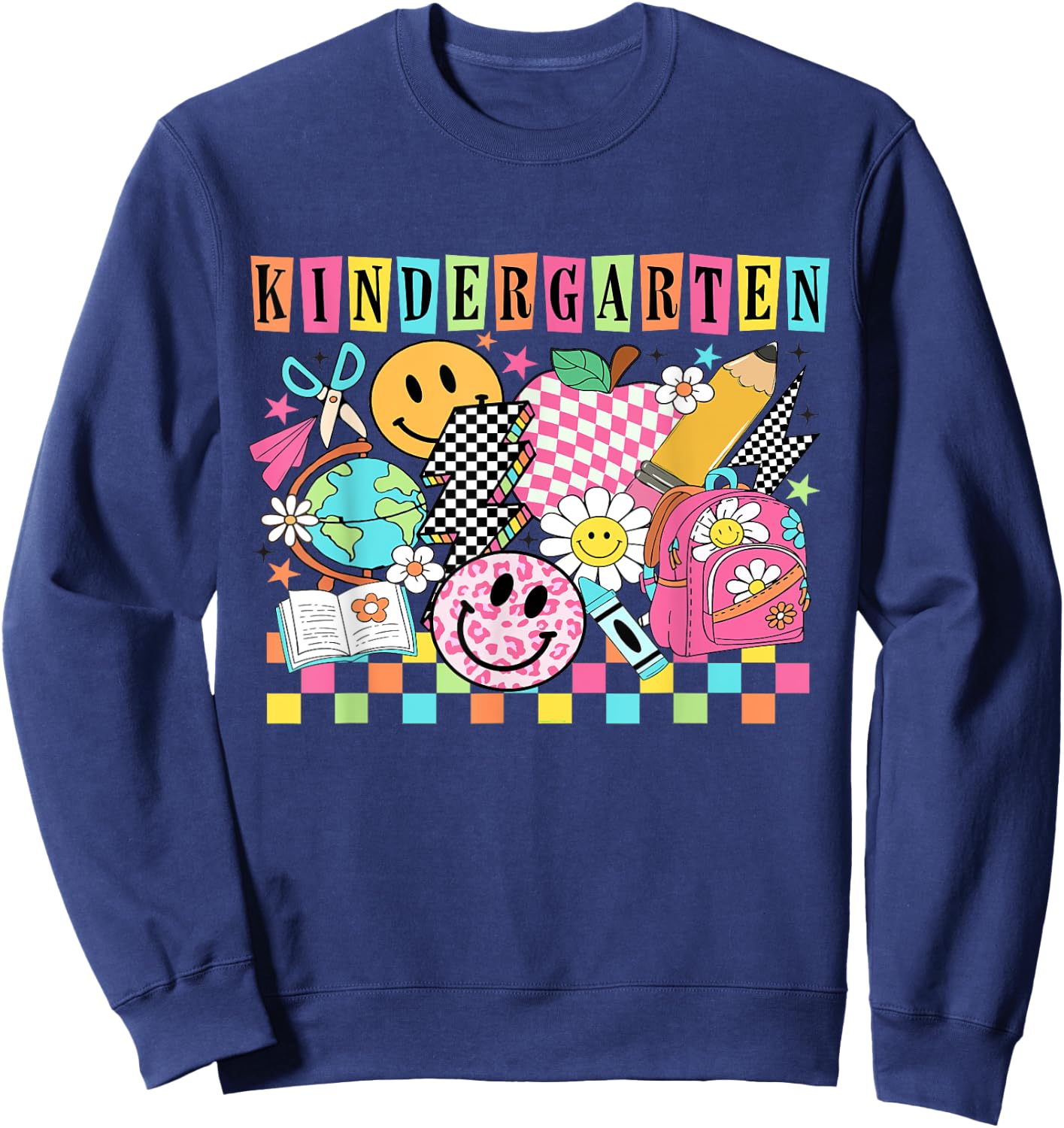 Kindergarten Girls 1990s 90s Back to School Rainbow Groovy Sweatshirt - Sweatshirt | Navy