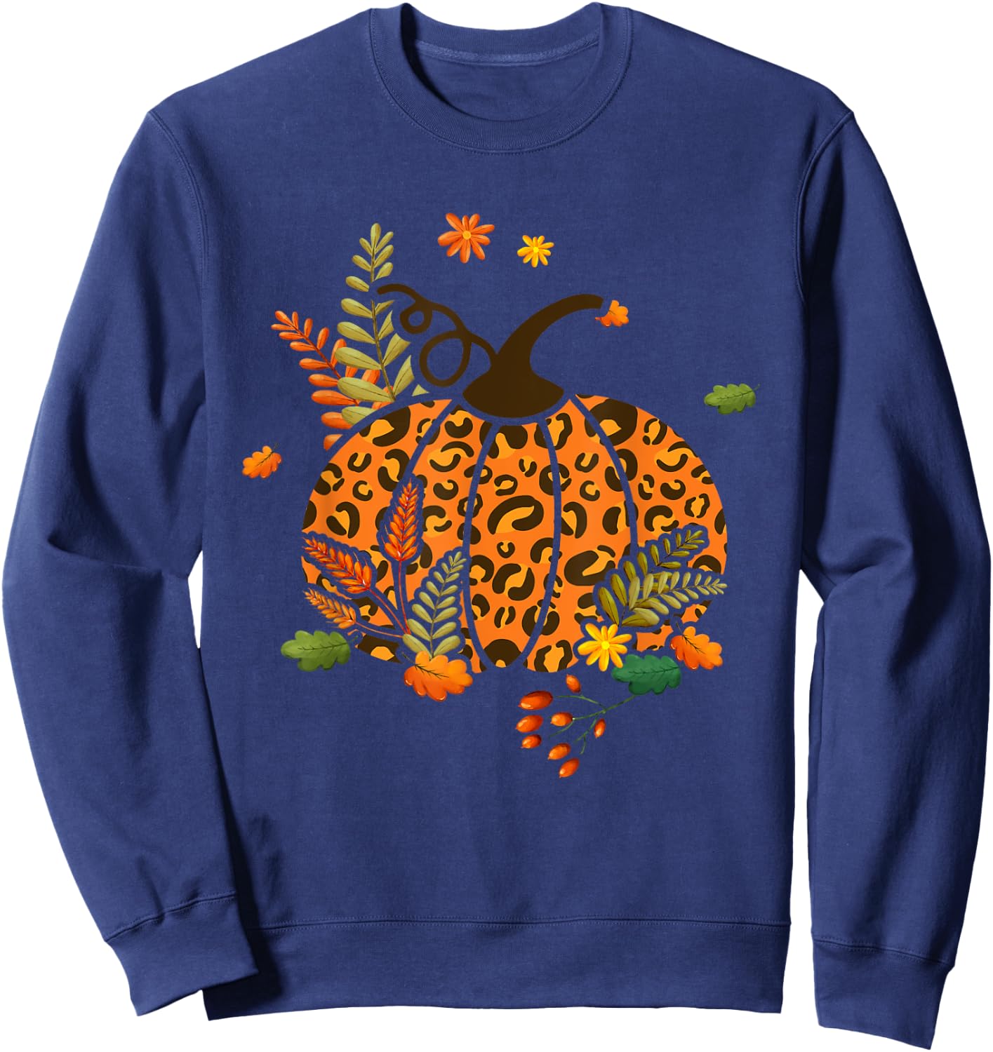 Leopard Print Pumpkin Halloween Fall Autumn Thanksgiving Sweatshirt - Sweatshirt | Navy