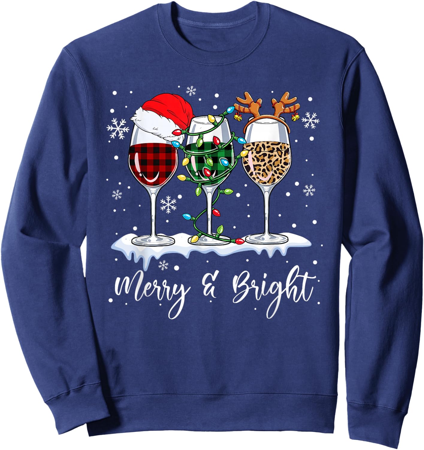 Three Wine Glasses Merry And Bright Christmas Wine Lover Sweatshirt - Sweatshirt | Navy