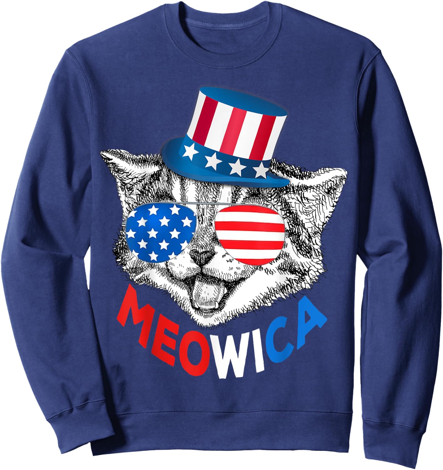 Patriotic Cat 4th of July Kids American Flag Girls Meowica Sweatshirt - Sweatshirt | Navy
