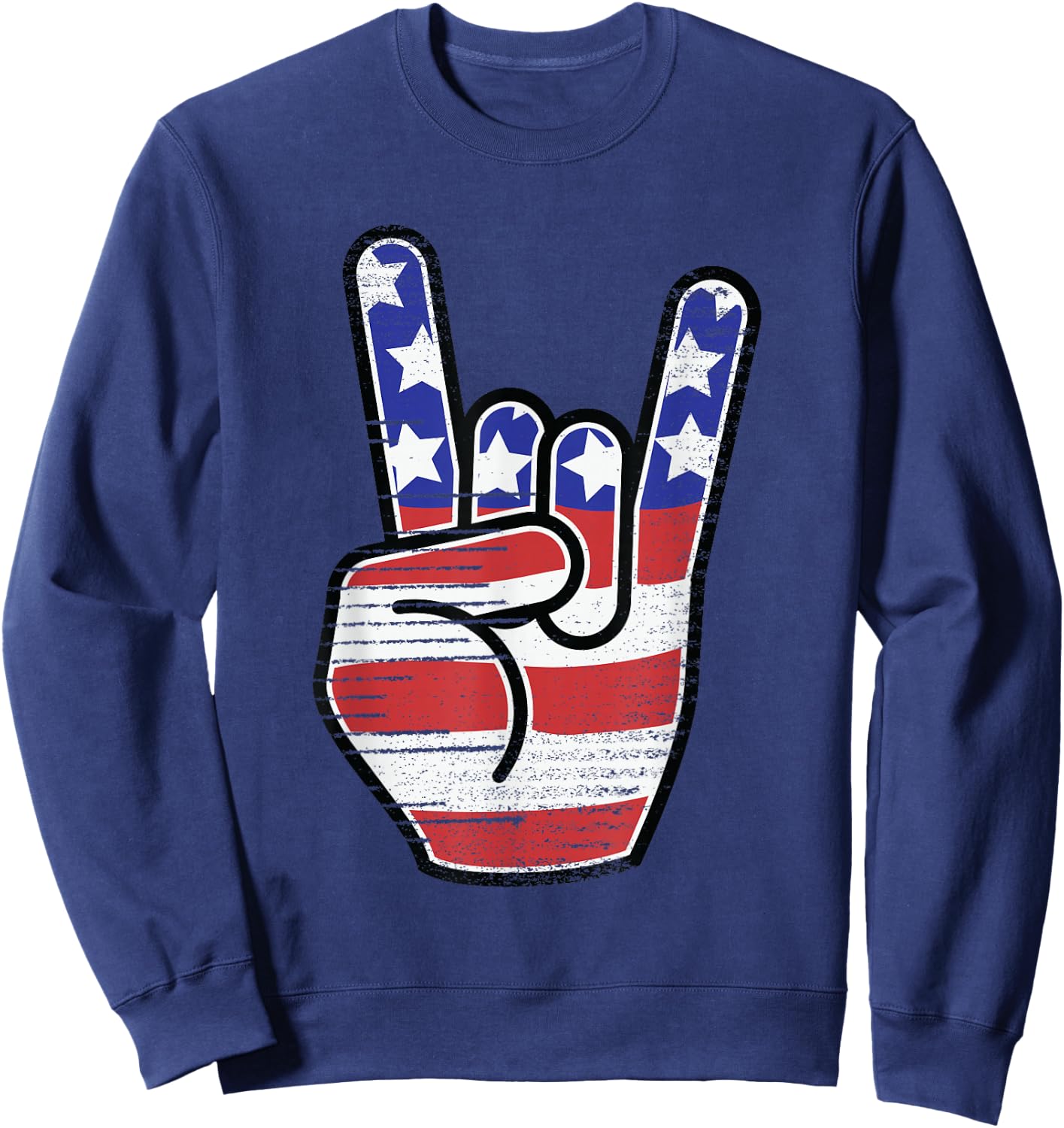 Rock n Roll Shirt USA Flag Horns Sign Retro Concert Band Sweatshirt - Sweatshirt | Navy