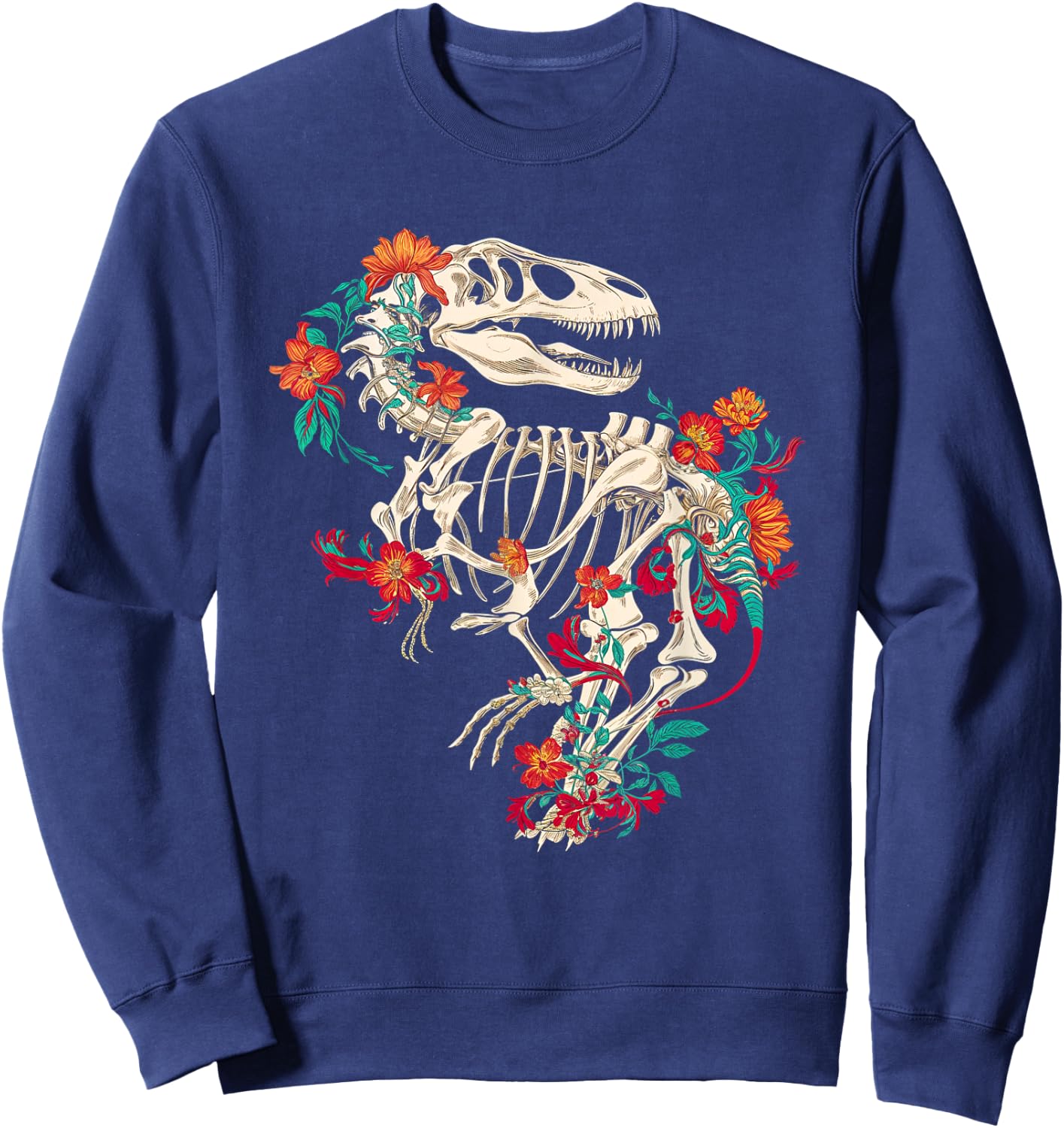 Rex Skeleton Floral Dino Bones Paleontology Dinosaur Sweatshirt - Sweatshirt | Navy