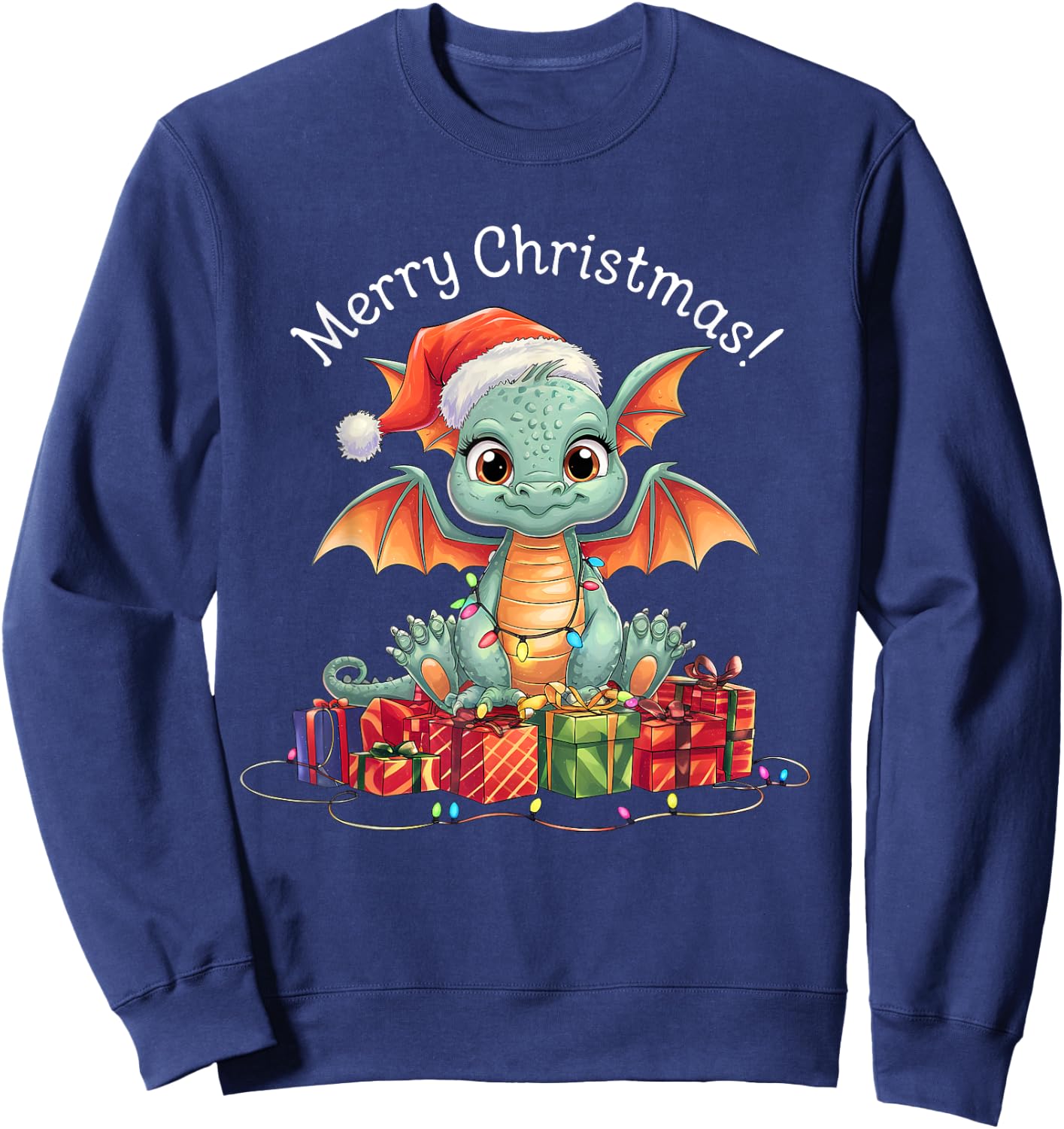 Dragon Christmas Sweater Dragon Fairy Lights cute funny Sweatshirt - Sweatshirt | Navy