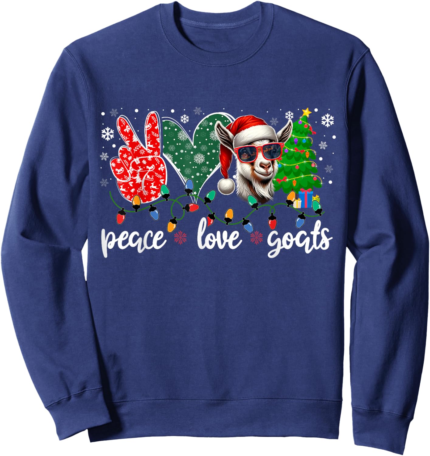 Peace Love Goats Funny Goat Santa Hat Sunglasses Xmas Tree Sweatshirt - Sweatshirt | Navy