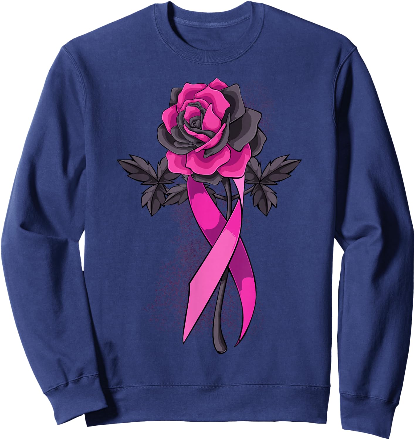 Pink Ribbon Rose Breast Cancer Awareness Survivor Warrior Sweatshirt - Sweatshirt | Navy