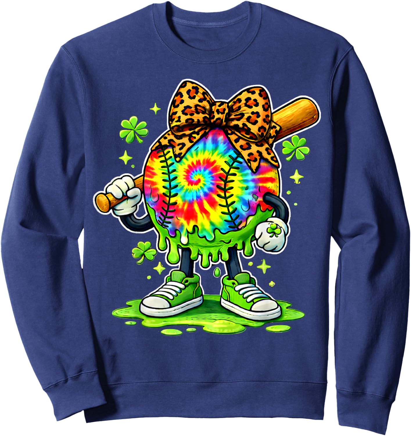 Lucky Tie Dye Softball with Leopard Bow St. Patrick’s Day Sweatshirt - Sweatshirt | Navy