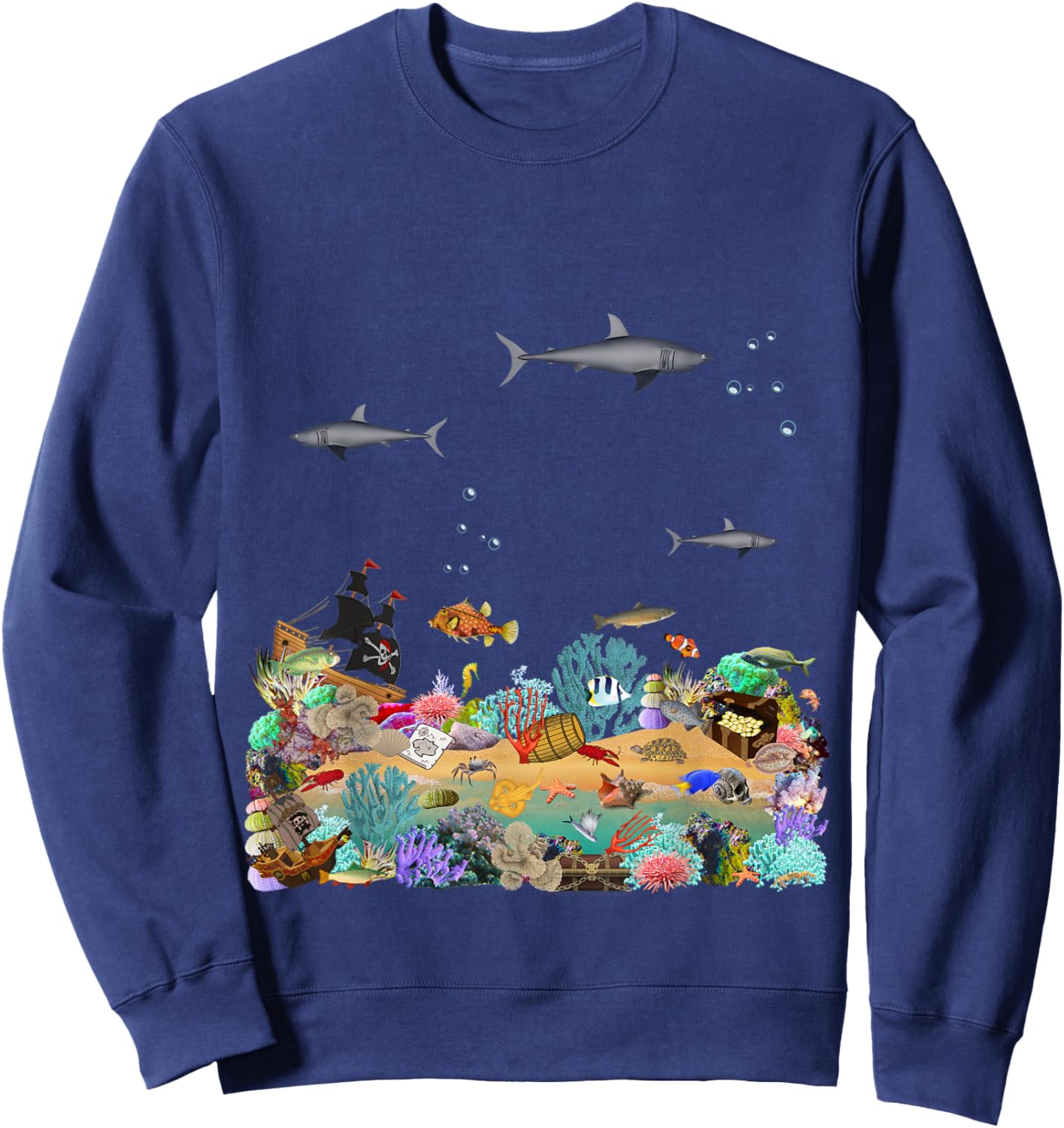 Shark Ocean Collage For Boys And Girls Sea Life Fun Graphic Sweatshirt - Sweatshirt | Navy