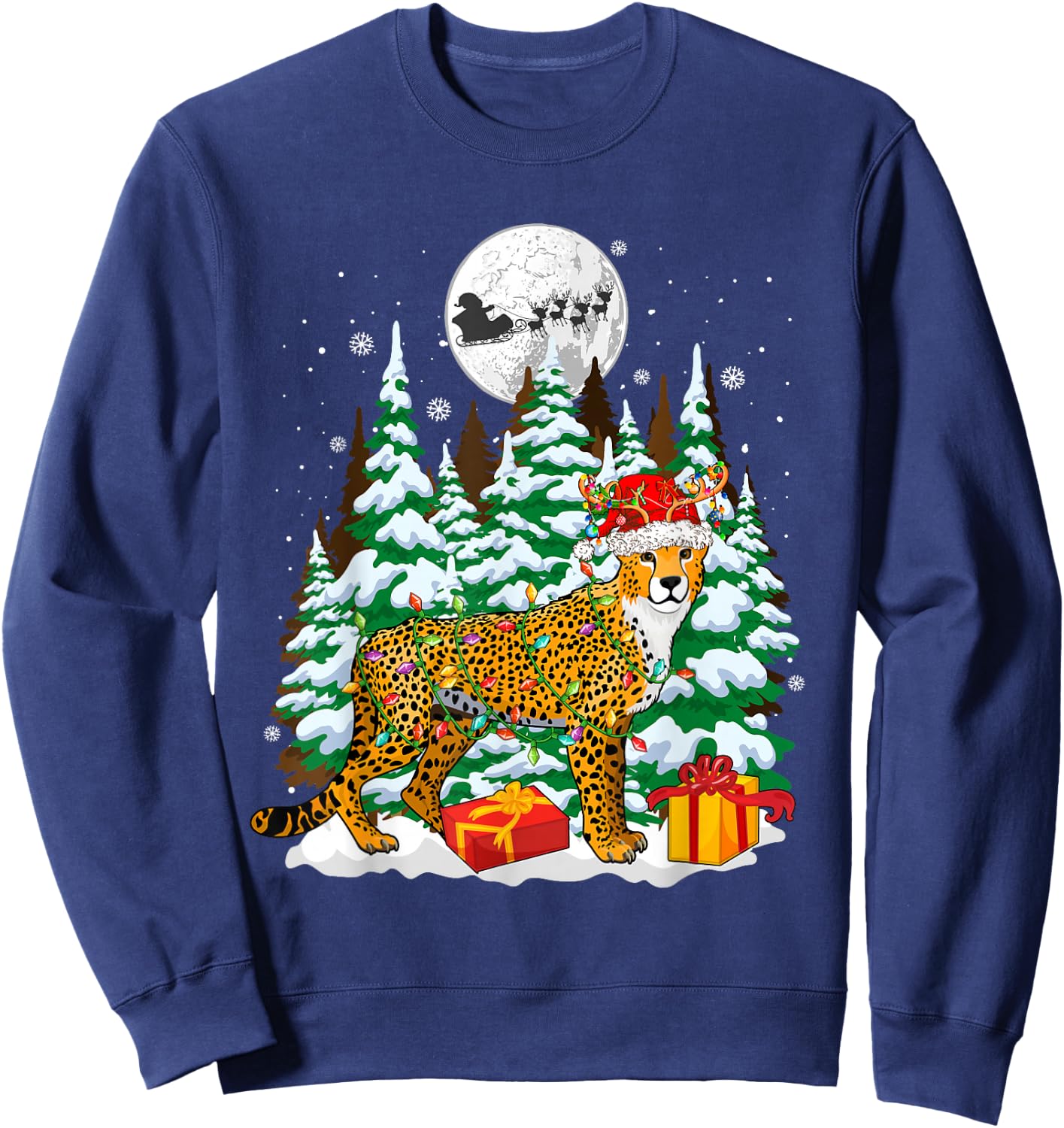 Santa Reindeer Cheetah Christmas Trees Animal Lover Kids Sweatshirt - Sweatshirt | Navy