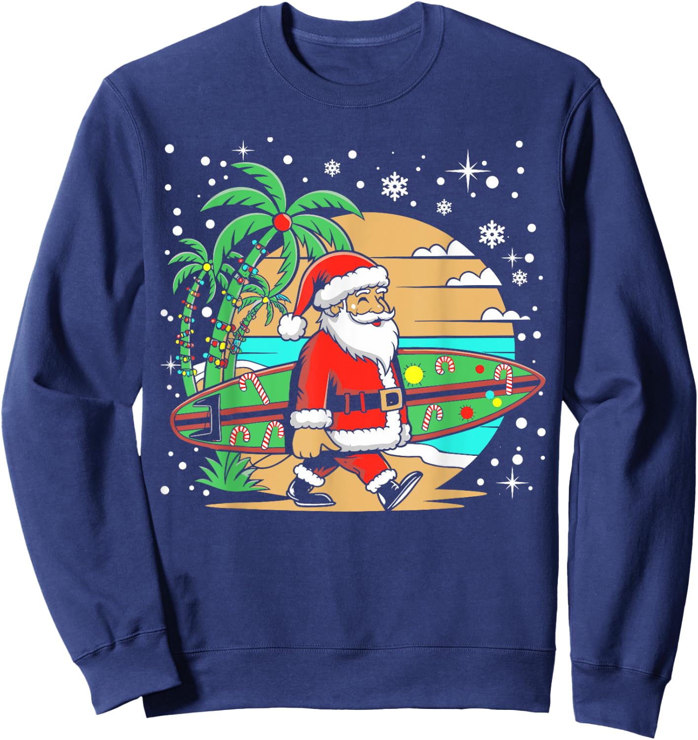 Surf Funny Surfboard Xmas Lights Santa Surfing Christmas Sweatshirt - Sweatshirt | Navy