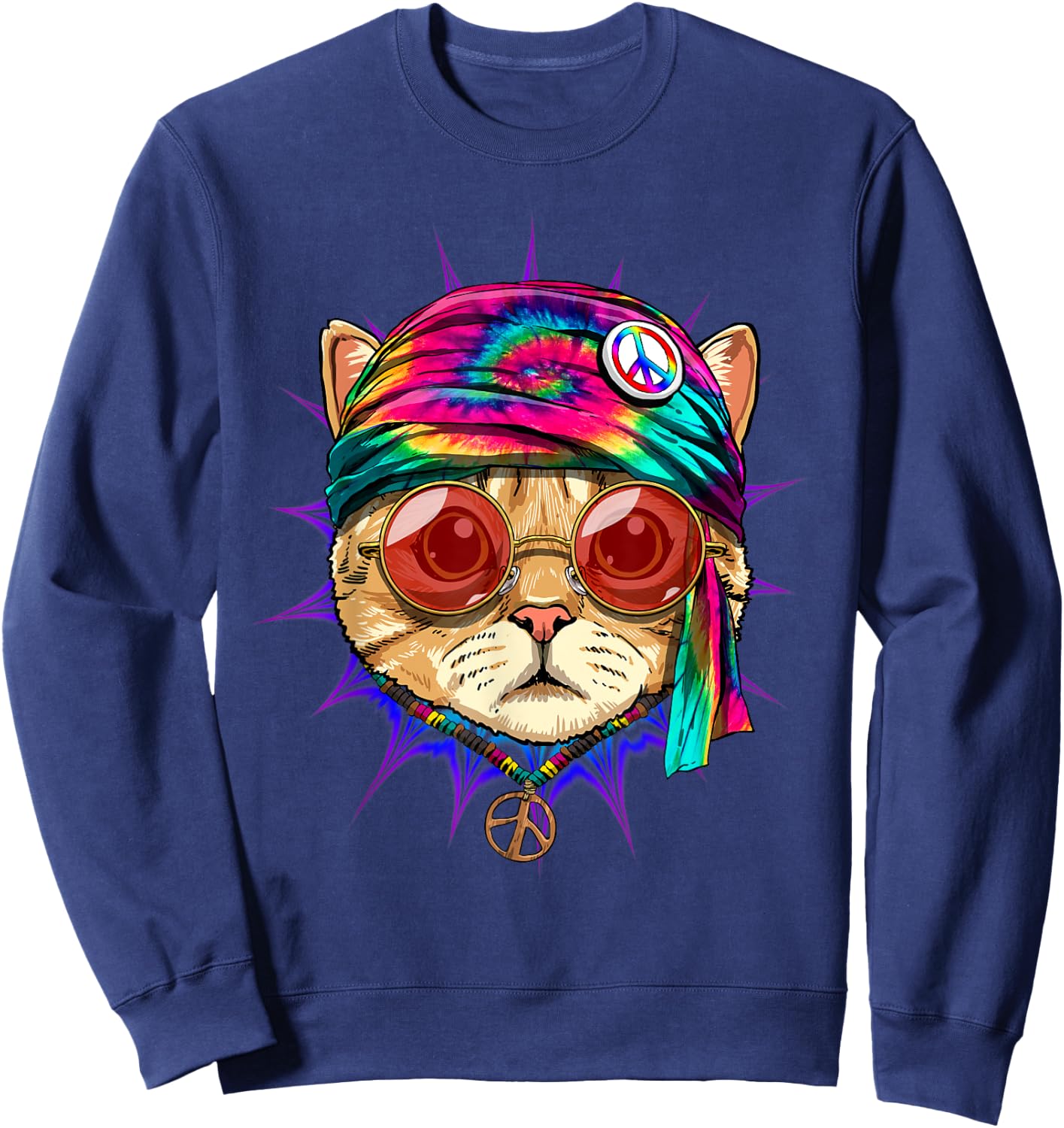 Tie Dye Cat Shirt Hippy Cat Peace Sign Cat Lover Sweatshirt - Sweatshirt | Navy