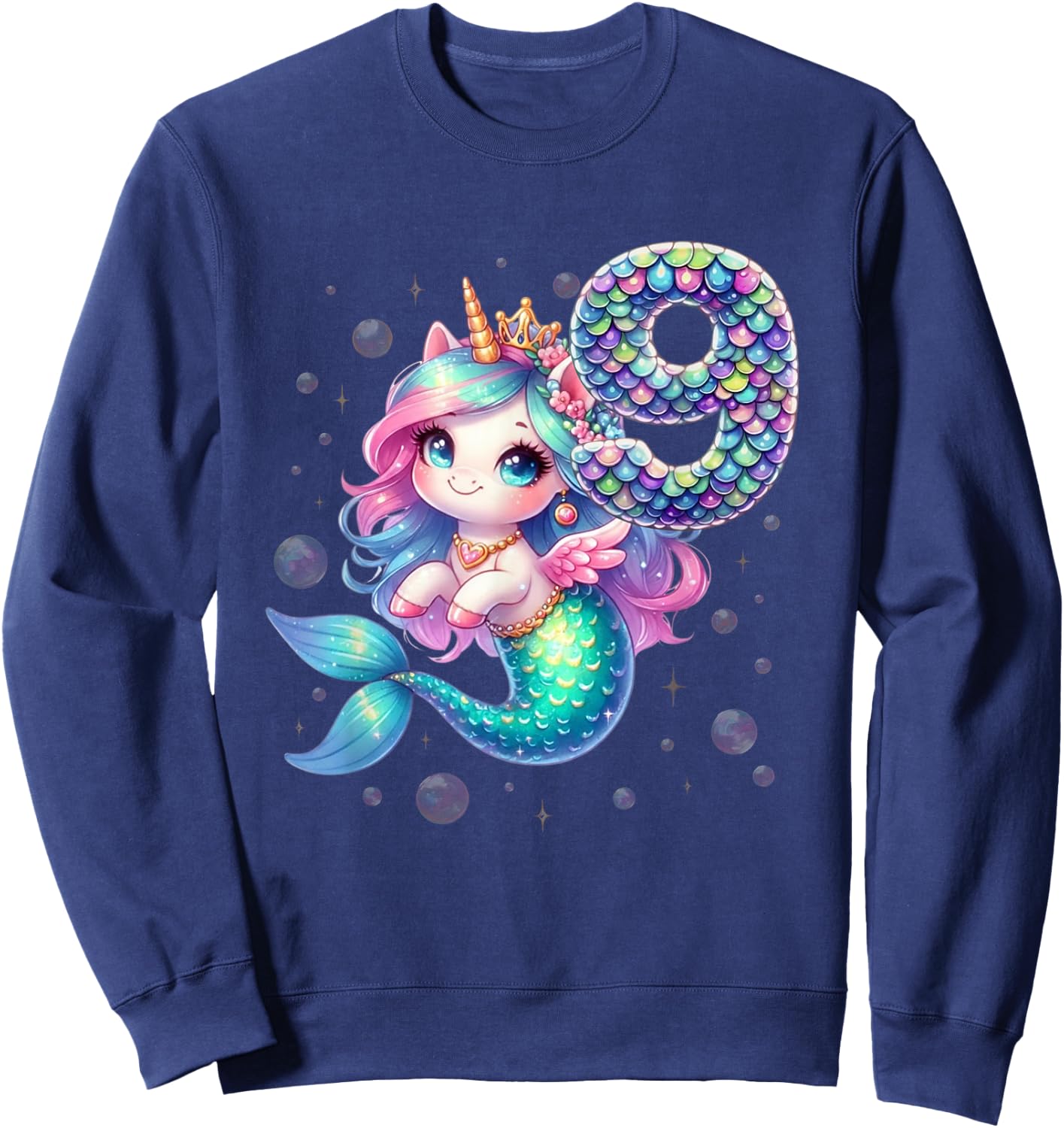 Unicorn Mermaid 9th Birthday 9 Year Old Party Girls Outfit Sweatshirt - Sweatshirt | Navy
