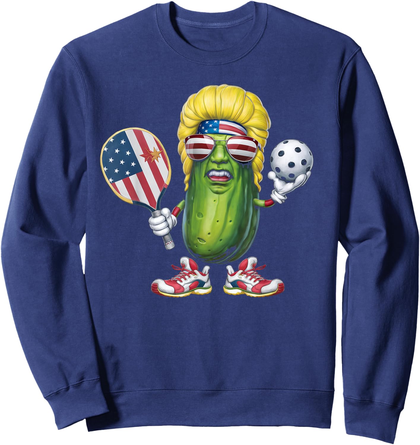 Funny Patriotic Pickle Player Playing Pickleball Game Trump Sweatshirt - Sweatshirt | Navy