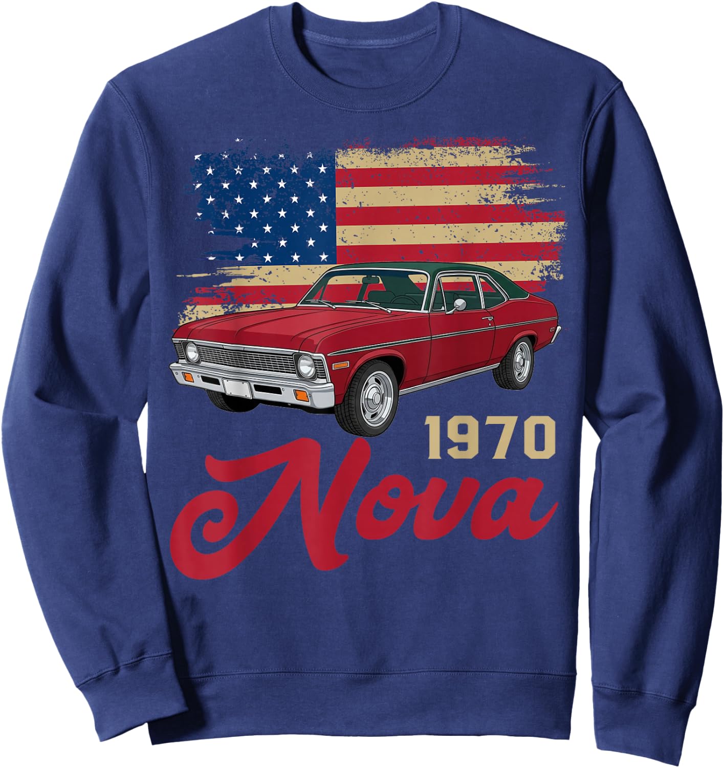 American Flag 1970 70 Nova Silhouette Muscle Car Sweatshirt - Sweatshirt | Navy