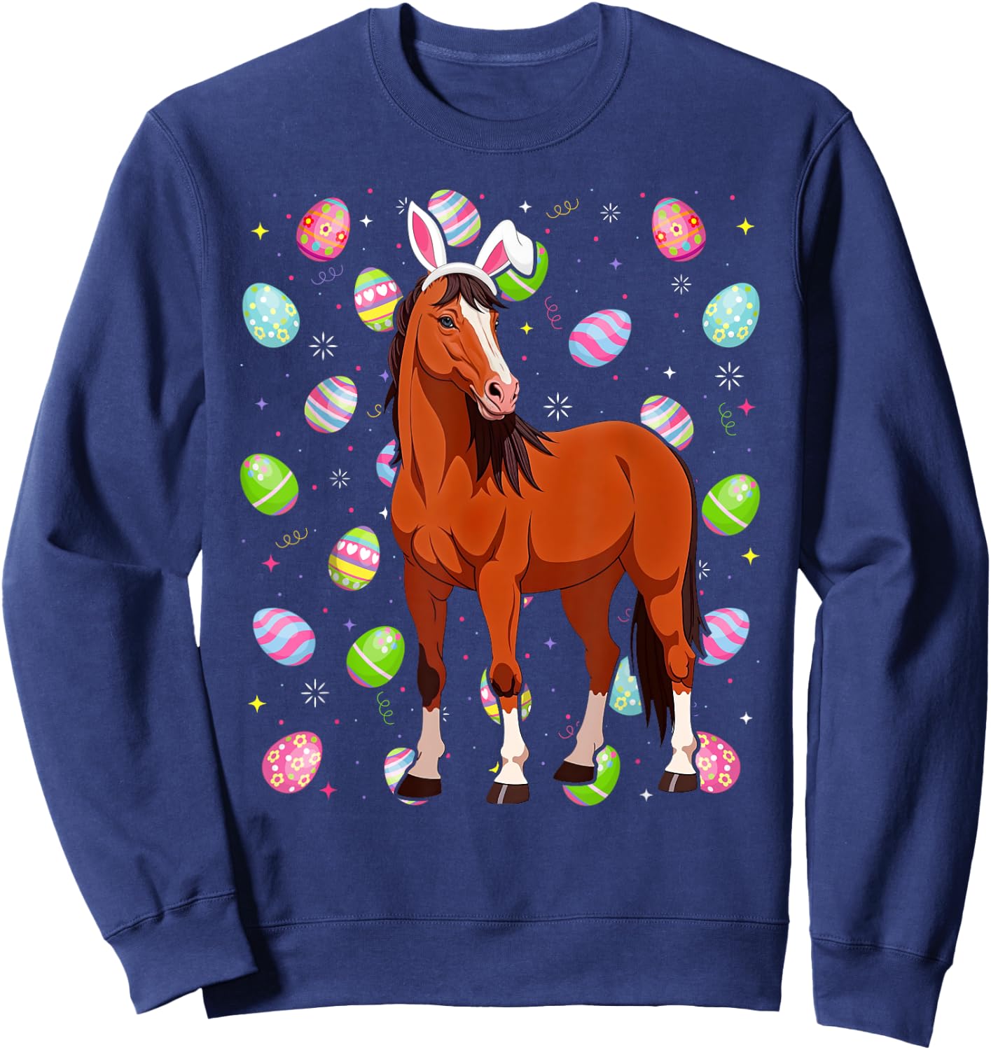Horse Happy Easter Egg Hunt Bunny Ear Horse Easter Sweatshirt - Sweatshirt | Navy