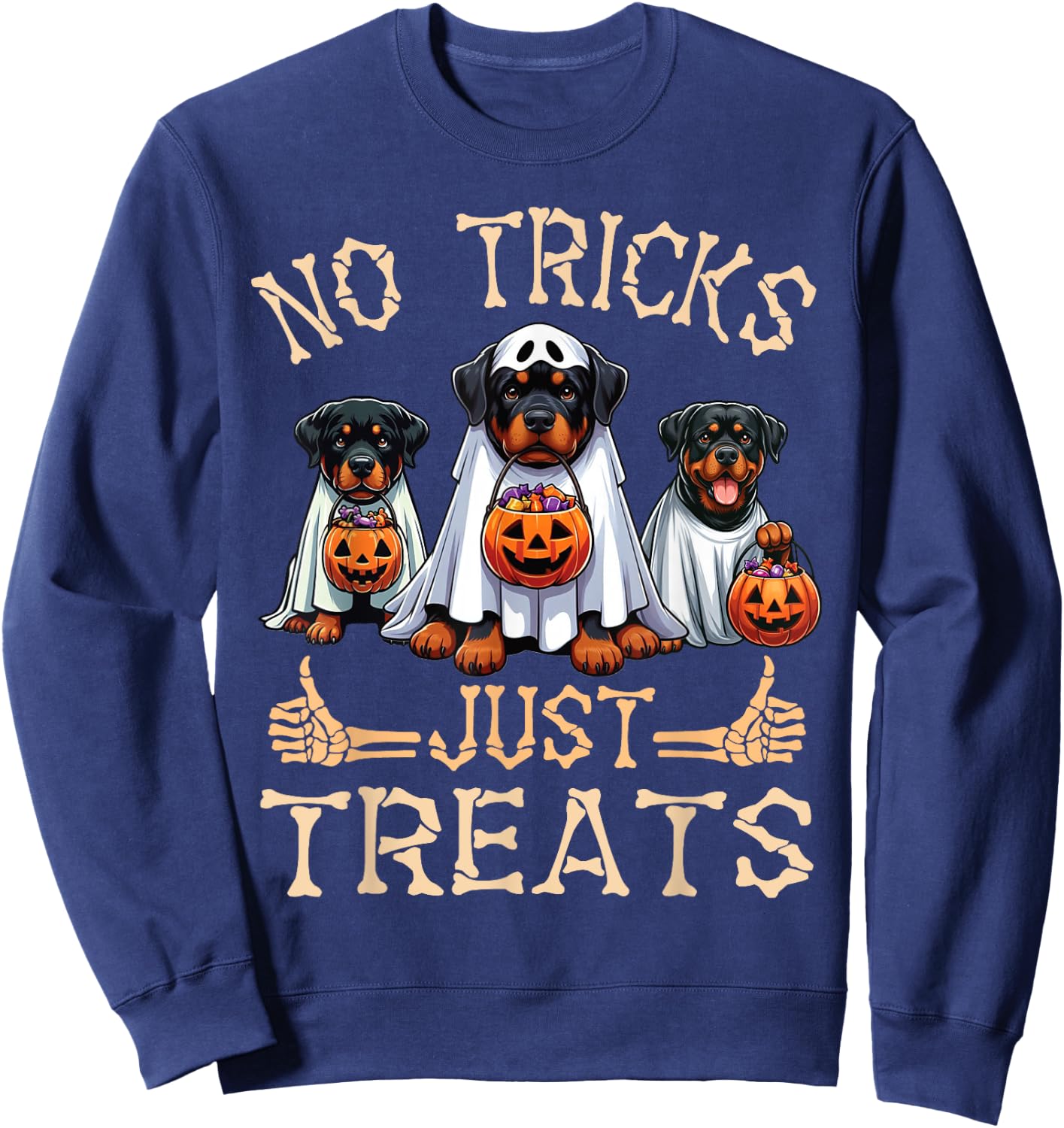 Rottweiler Dog Ghosts Pumpkin Candy No Tricks Just Treats Sweatshirt - Sweatshirt | Navy