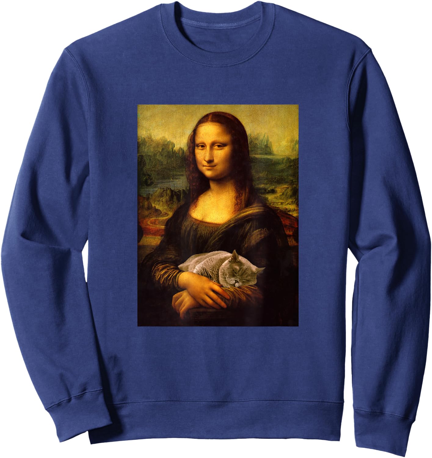 Cool Sarcastic Mona Lisa Carrying Her Cat Graphic Designs Sweatshirt - Sweatshirt | Navy