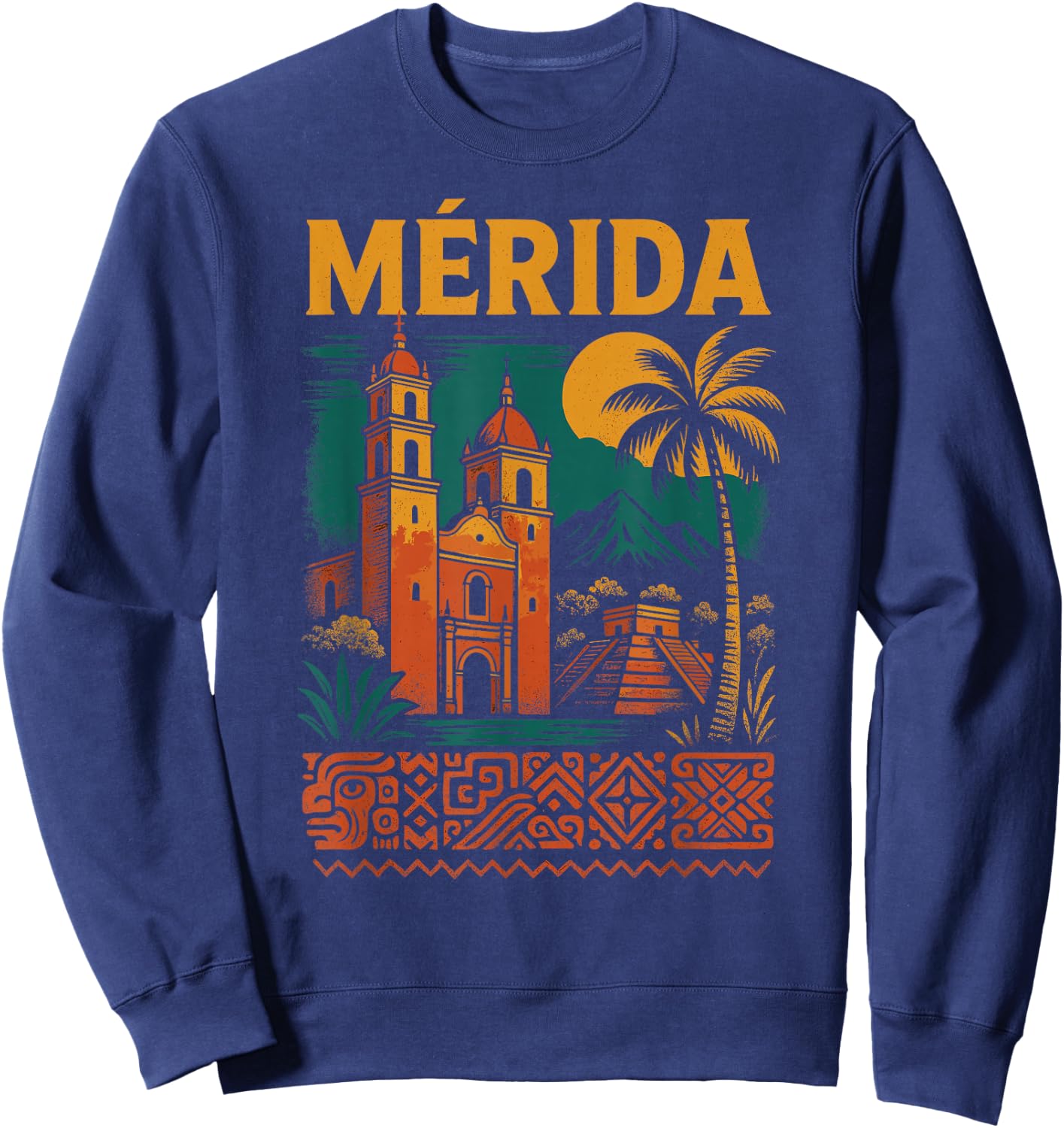 Merida Mexico Retro Yucatan Travel Art Cathedral Mexican Sweatshirt - Sweatshirt | Navy