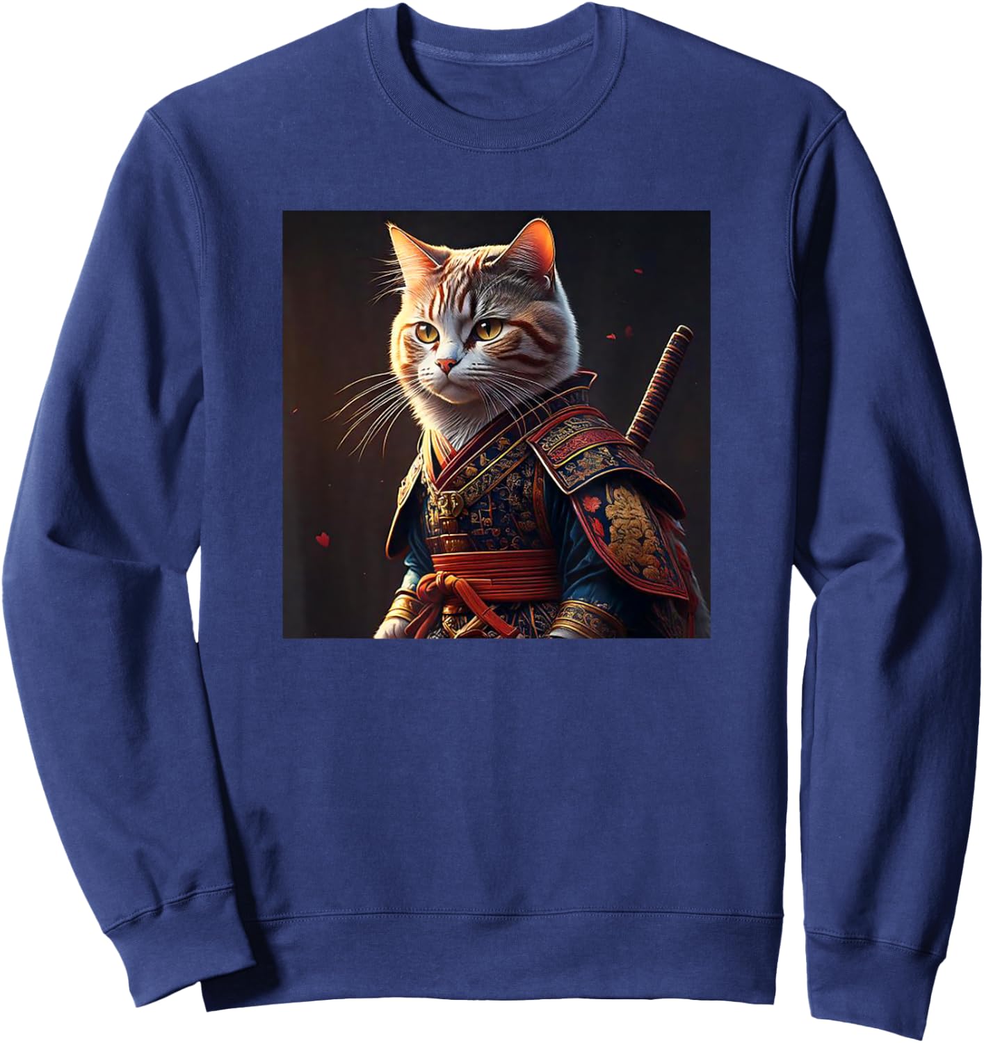 Kawaii Samurai Cat Portrait - Vintage Japanese Art Anime Cat Sweatshirt - Sweatshirt | Navy