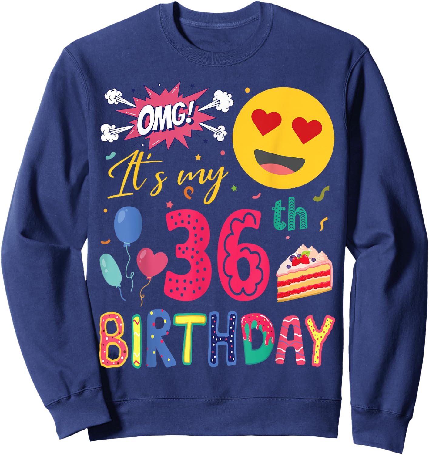 Lovely Emotion Face Balloons Cake OMG It's My 36th Birthday Sweatshirt - Sweatshirt | Navy