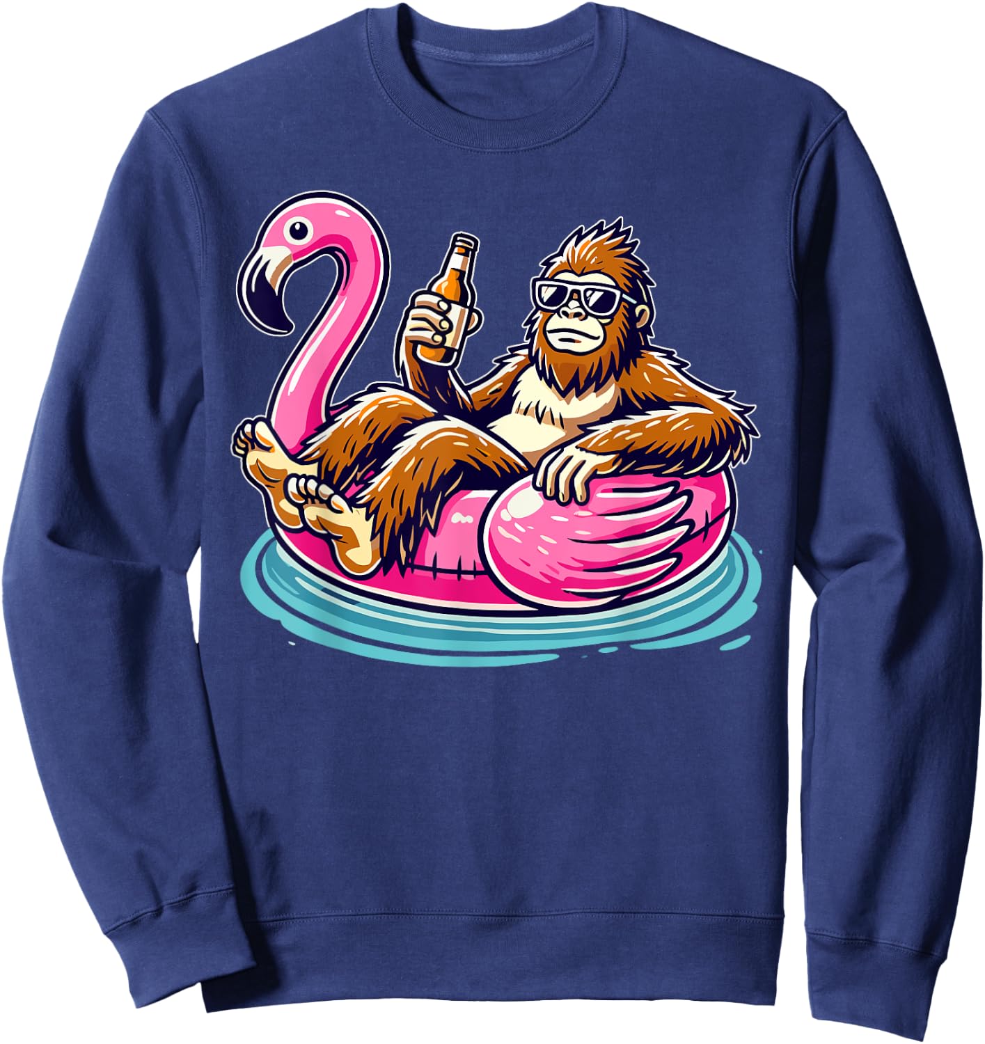 Bigfoot Chilling on Flamingo Float with Beer Fun Summer Vibe Sweatshirt - Sweatshirt | Navy