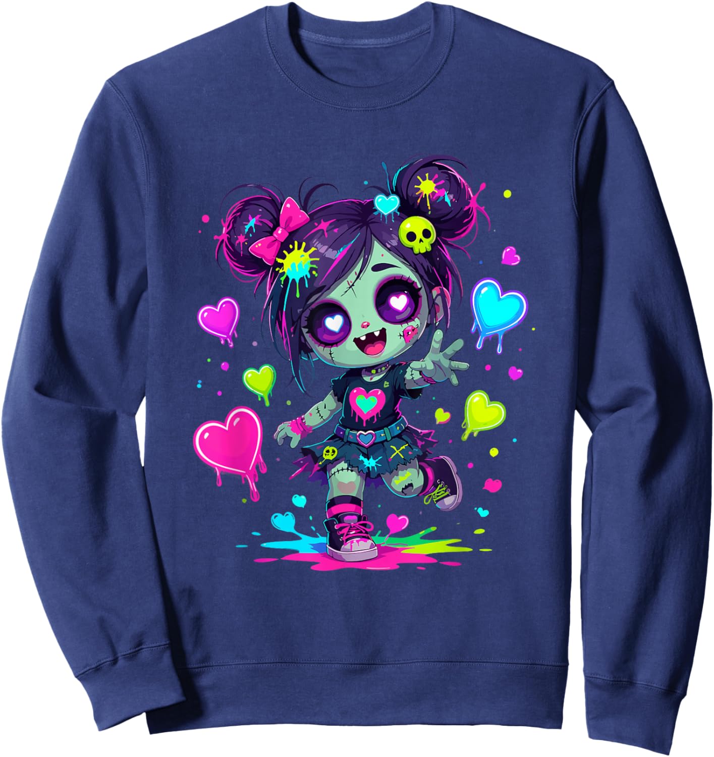 Cute Creepy Kawaii Zombie Girl Pastel Hearts Sweatshirt - Sweatshirt | Navy