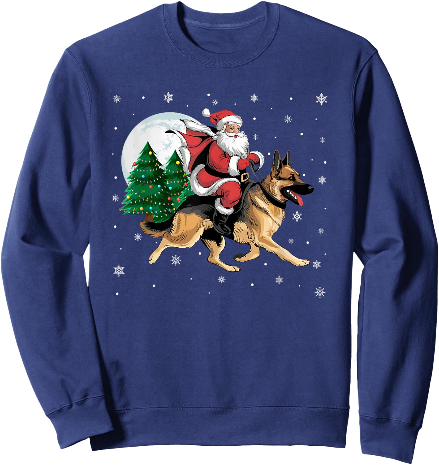 Santa Claus Riding German Shepherd Dog Christmas Tree Lights Sweatshirt - Sweatshirt | Navy