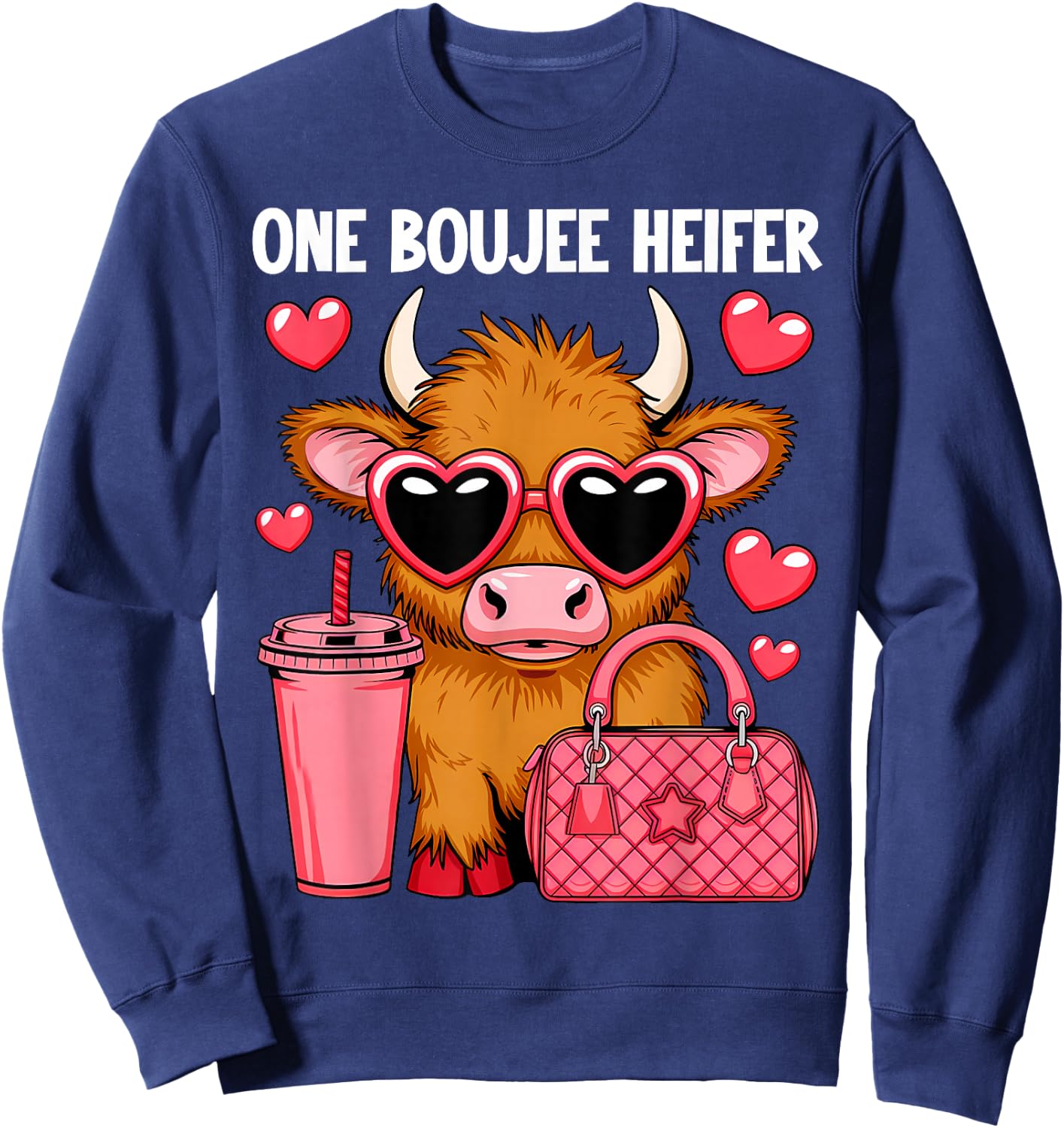 Highland Cow One Boujee Heifer Fashion Pink Cow Sweatshirt - Sweatshirt | Navy