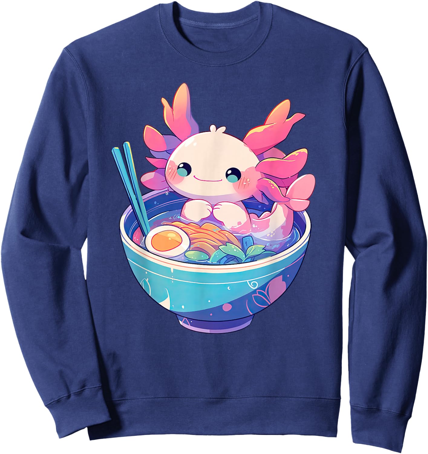 Kawaii Pastel Goth Cute Pink Axolotl in a Bowl of Ramen Sweatshirt - Sweatshirt | Navy