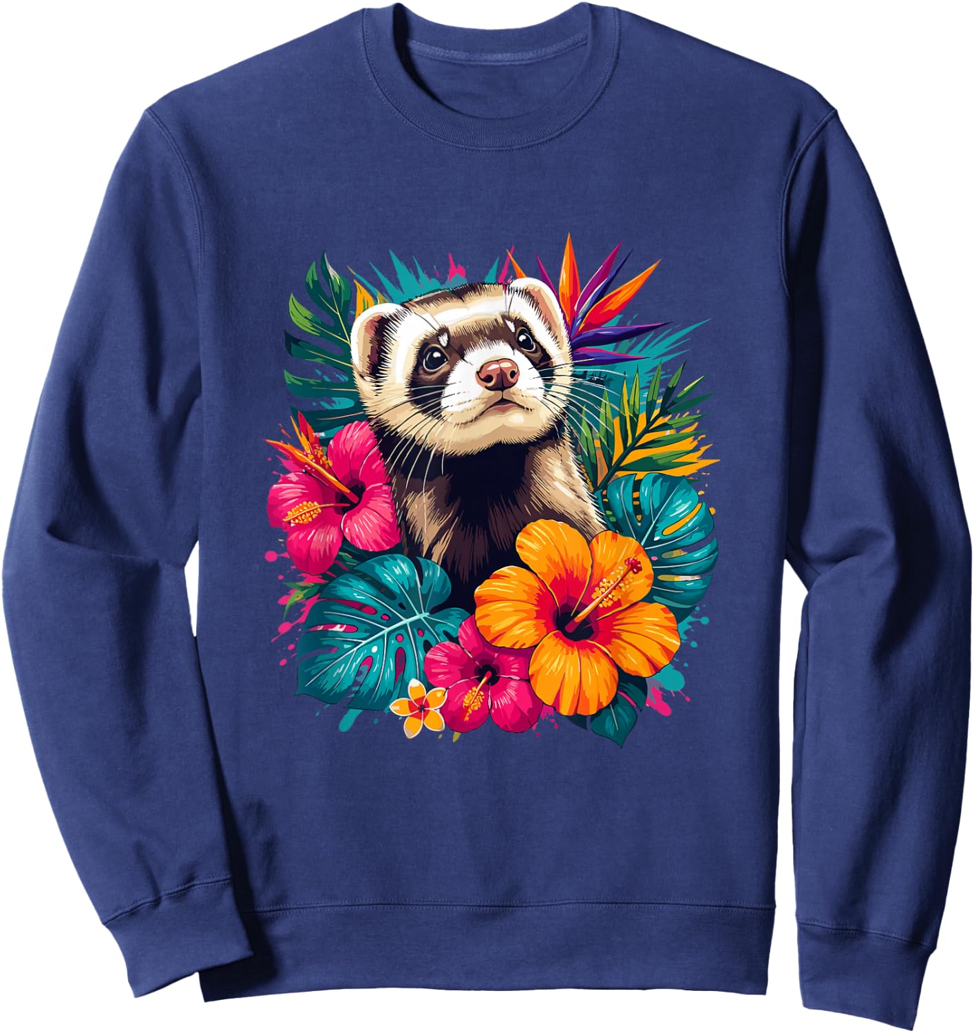 Colorful Ferret in Tropical Hibiscus Flowers Summer Sweatshirt - Sweatshirt | Navy