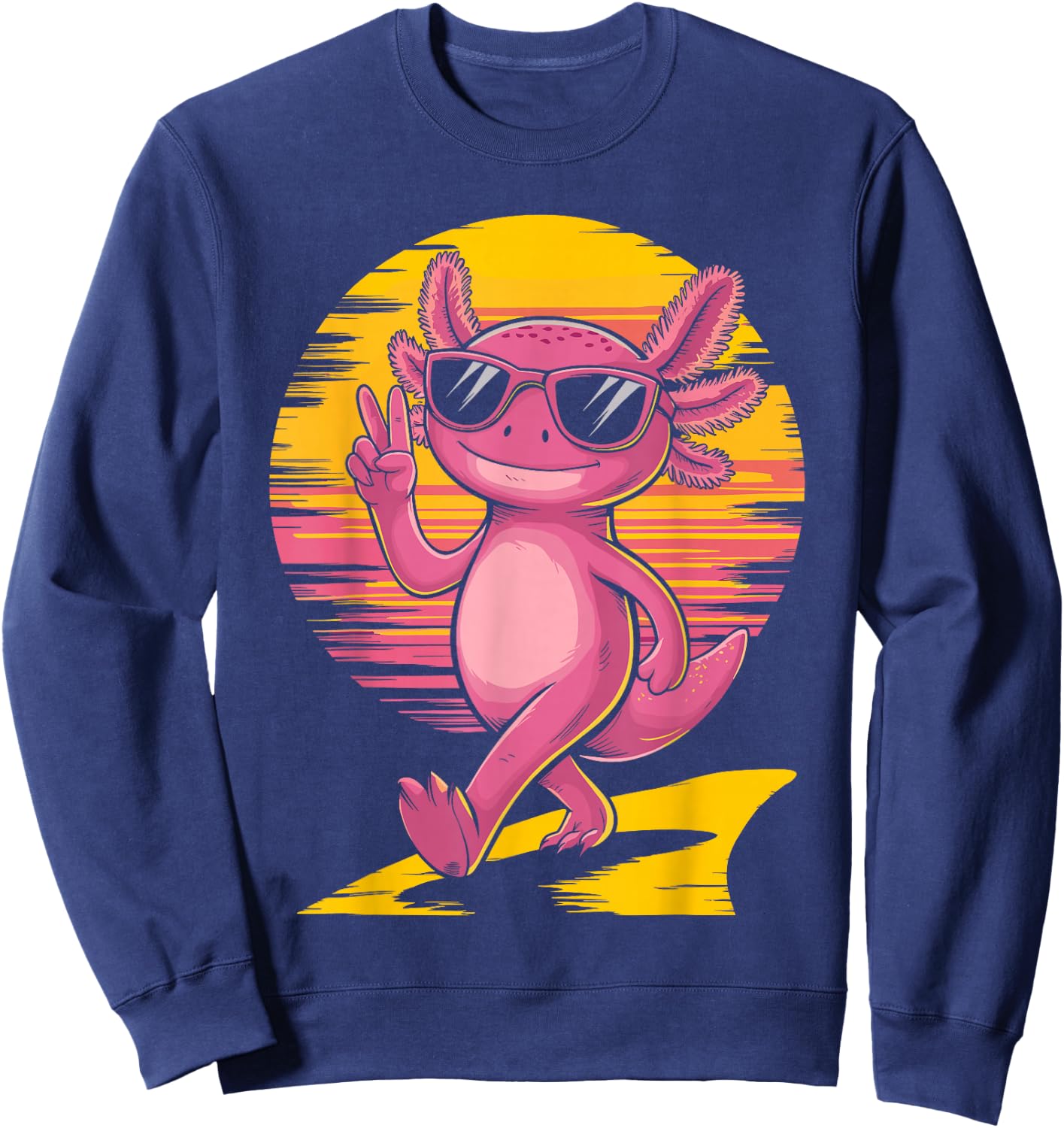 Retro Sunset Cool Axolotl With Sunglasses Peace Sign Sweatshirt - Sweatshirt | Navy