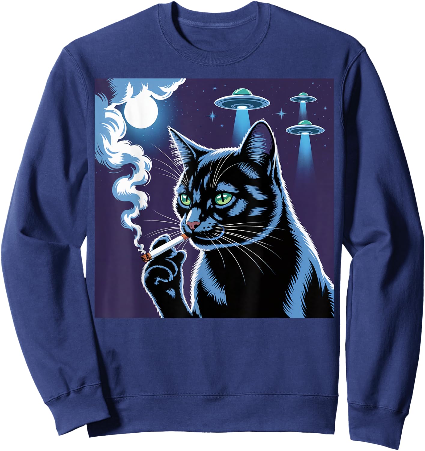Smoking Cat Selfie Alien UFO Cat Black Smoking Cigarette Sweatshirt - Sweatshirt | Navy