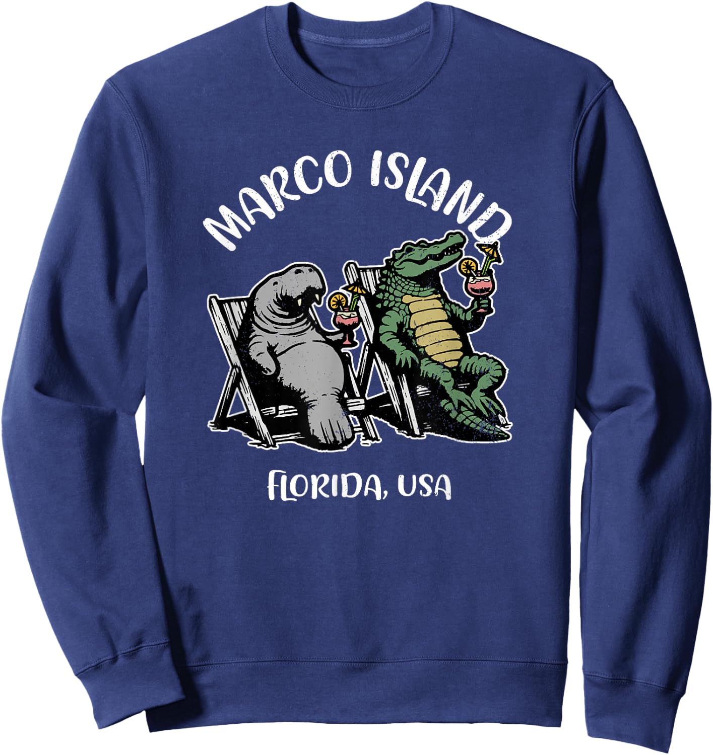Marco Island Florida USA Funny Manatee and Alligator Design Sweatshirt - Sweatshirt | Navy