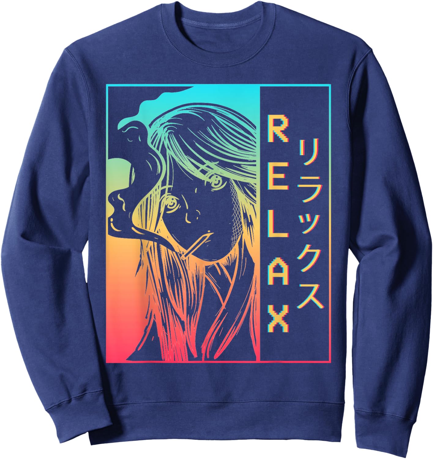 Vaporwave Aesthetic Anime Girl Sad Japanese Relax Harajuku Sweatshirt - Sweatshirt | Navy