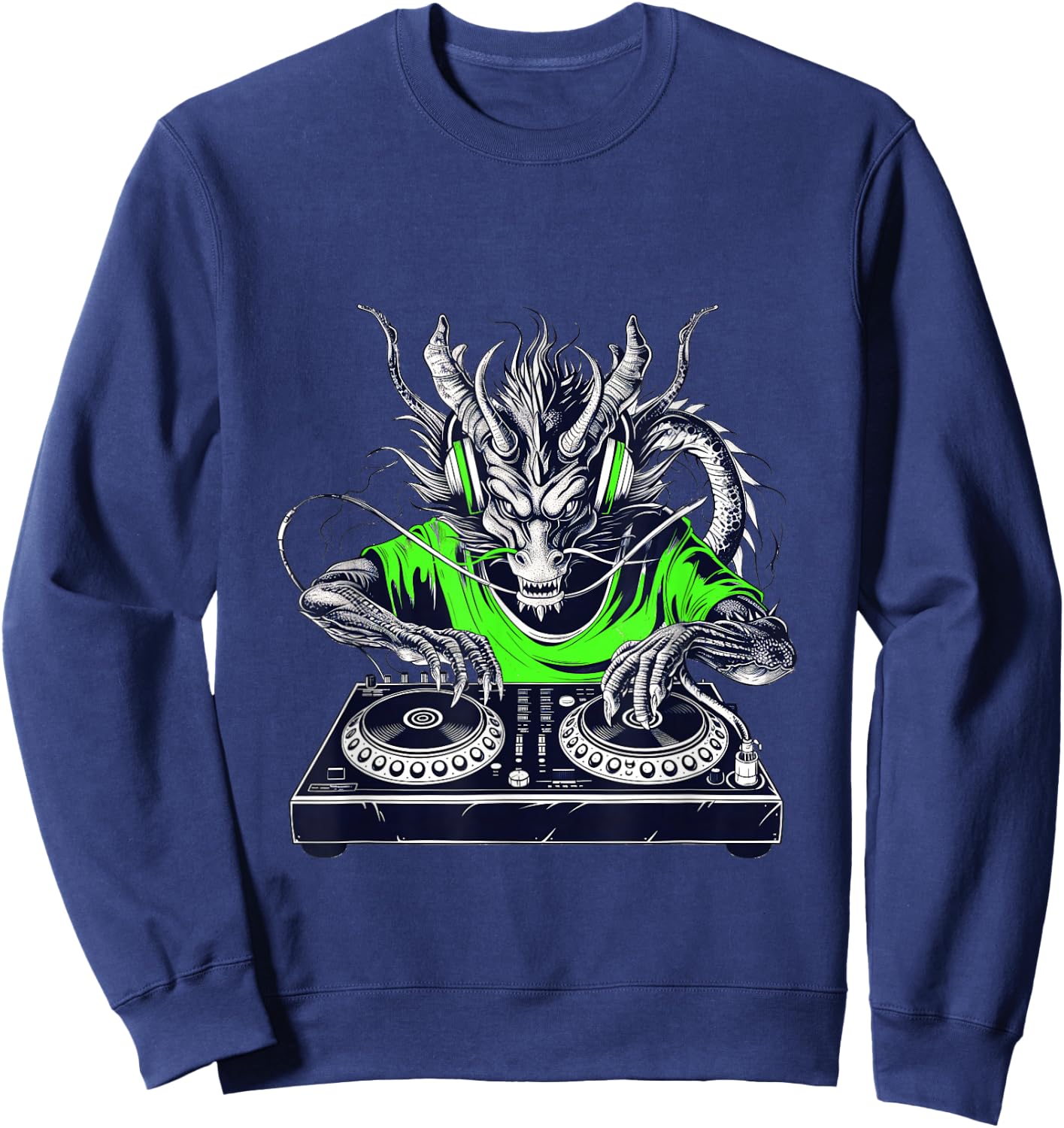 Retro vintage Rave music Festival cool dragon DJ lime green Sweatshirt - Sweatshirt | Navy