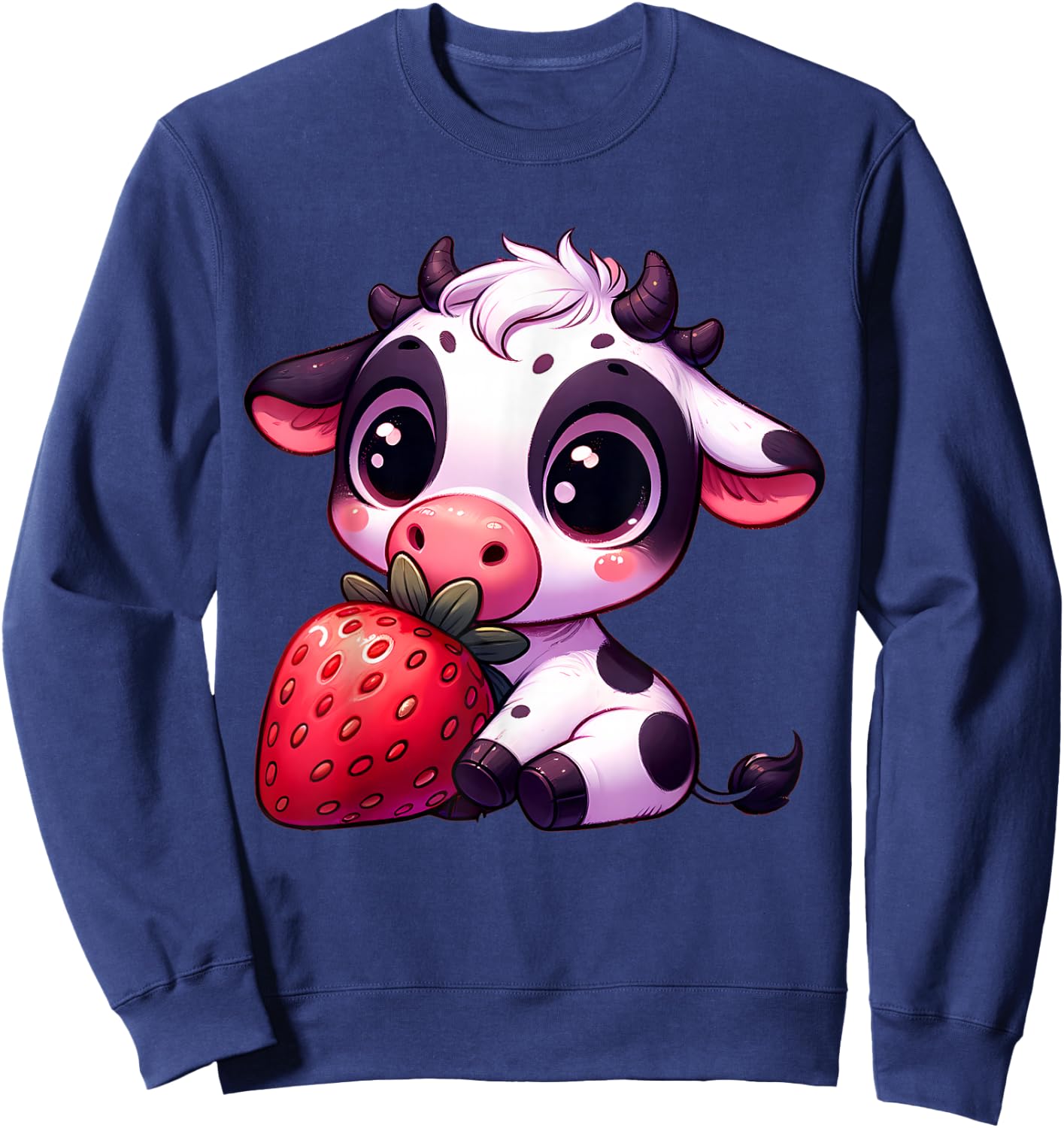 Cute Cow Eating Strawberry Kawaii Farm Animal Men Women Kids Sweatshirt - Sweatshirt | Navy