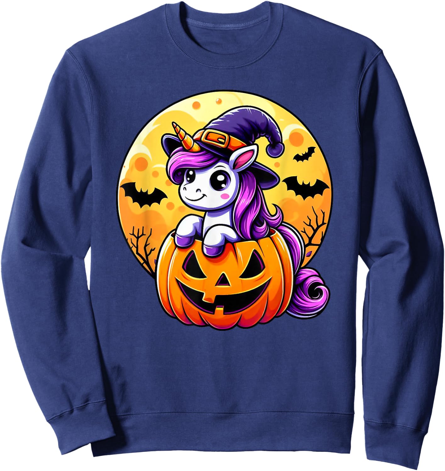 Halloween Cute Unicorn Witch Hat Pumpkin Funny For Kid Girl Sweatshirt - Sweatshirt | Navy