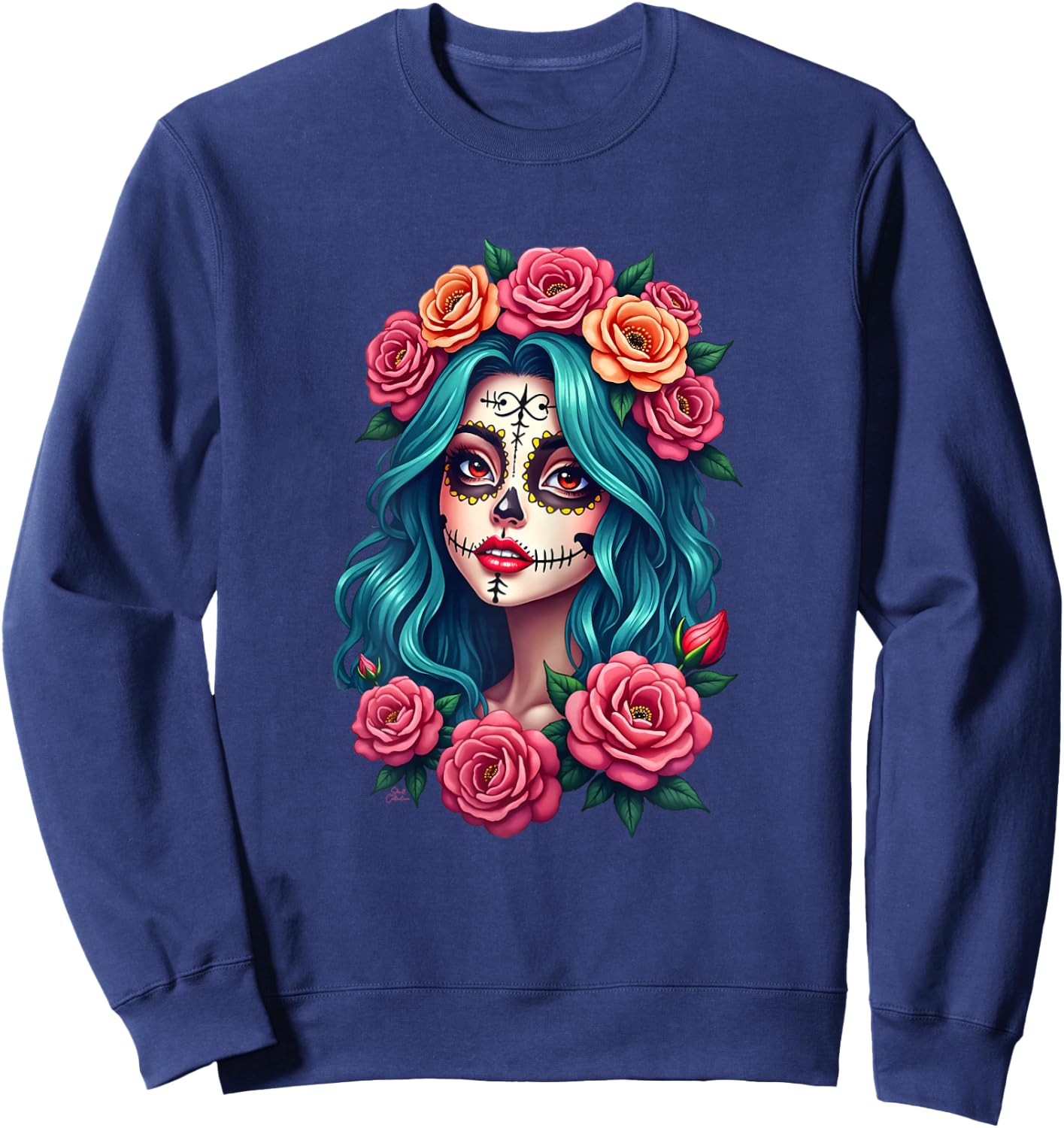 Dia de los Muertos Head Mexican Woman Mexico Sugar Skull , Black, Female X-Small Sweatshirt - Sweatshirt | Navy