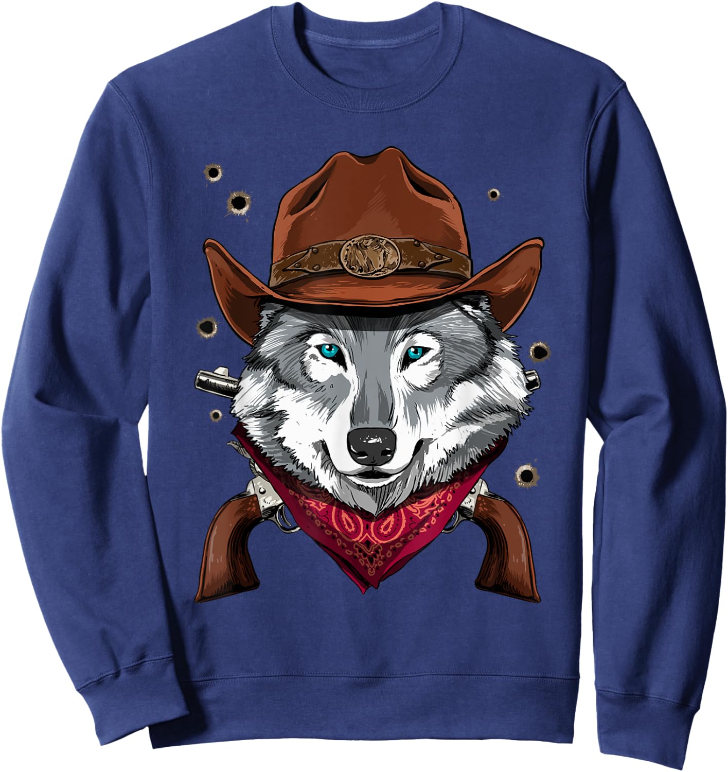 Cowboy Wolf Western Rodeo Cowboy Hat and Bandana Sweatshirt - Sweatshirt | Navy