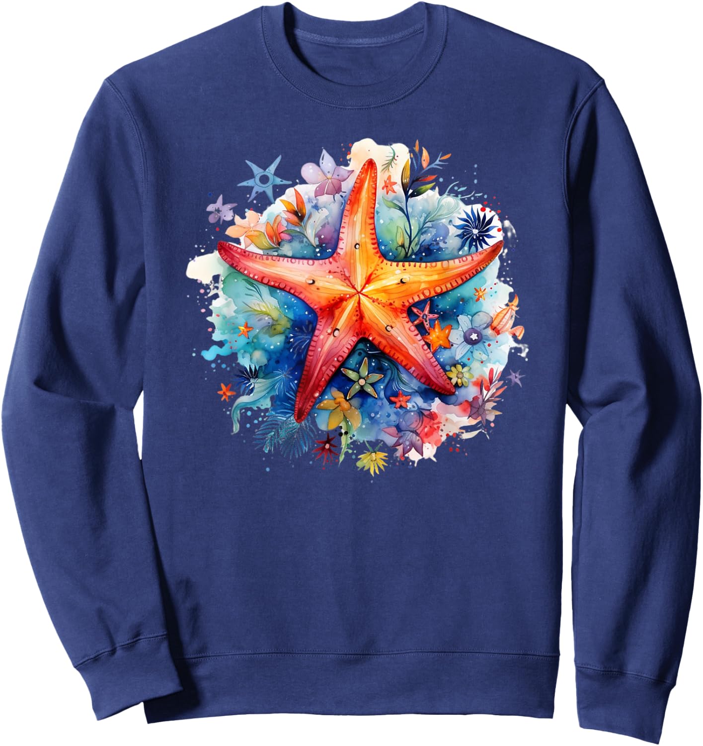 Ocean Themed Beach Vacation Graphic Sea Watercolor Starfish Sweatshirt - Sweatshirt | Navy