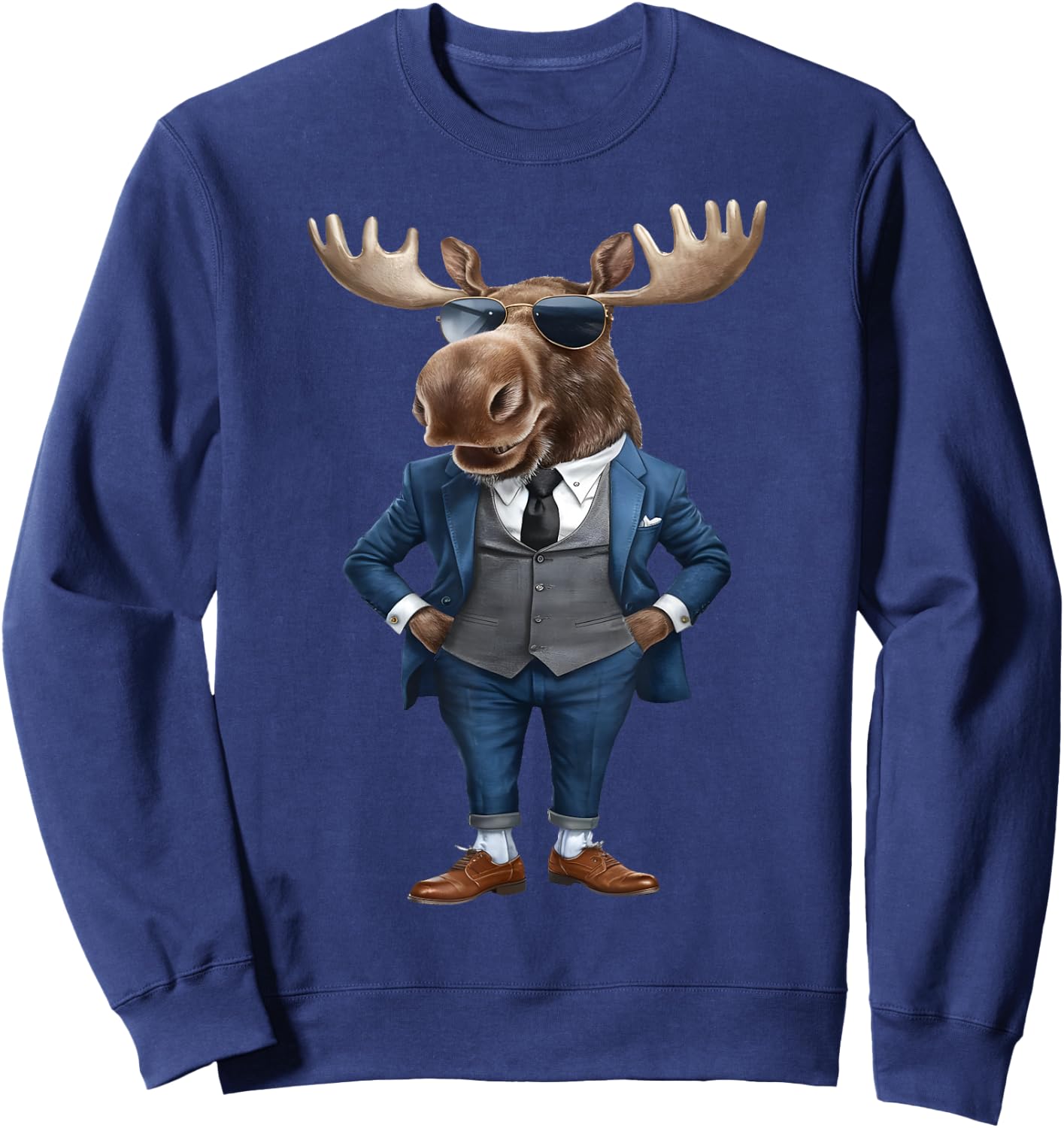 Moose Men Woman Moose In Suit - Black - Small - -Adult - Short Sleeve - Cotton, Polyester - Machine Wash Sweatshirt - Sweatshirt | Navy