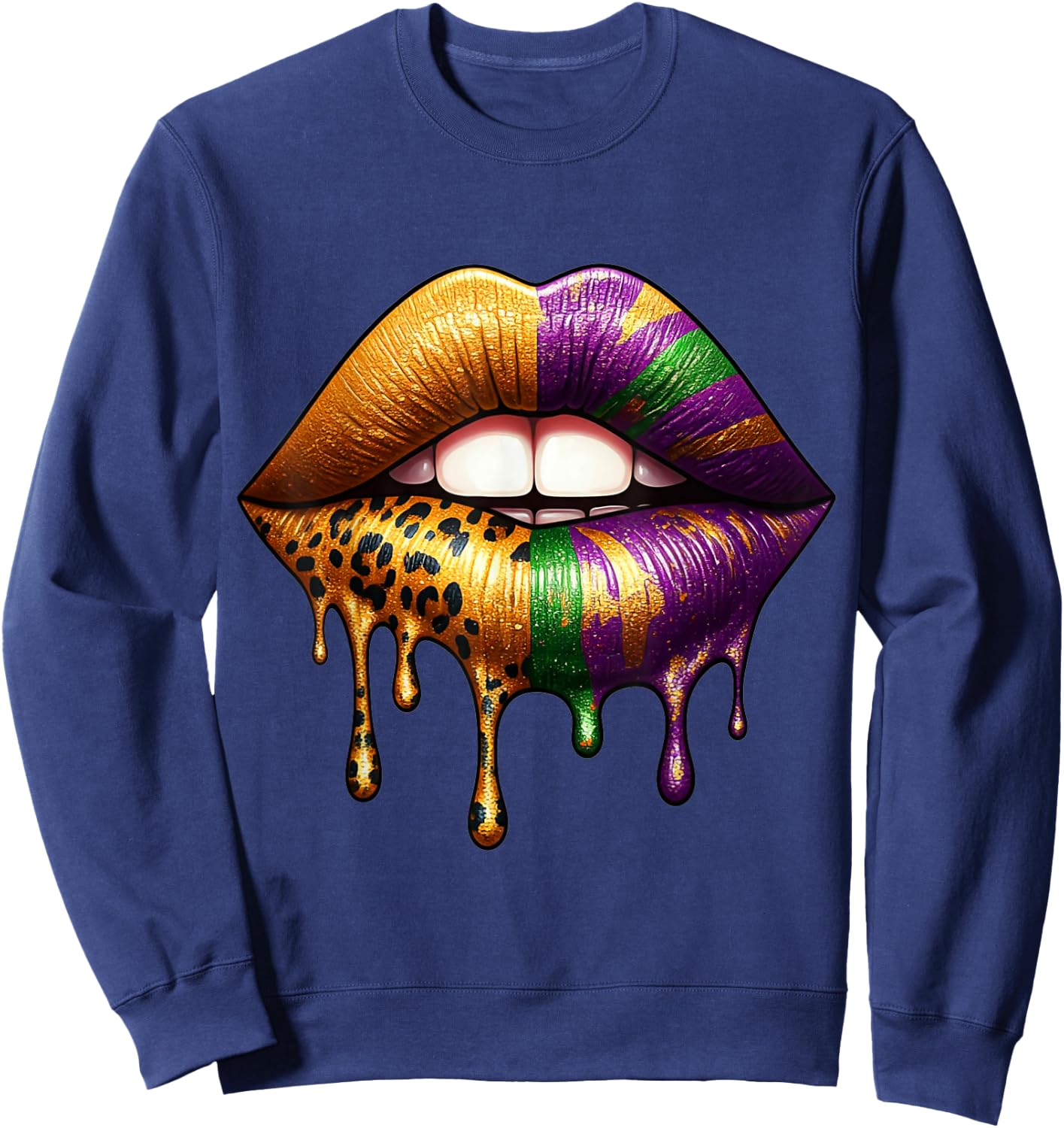Eye-Catching Glossy Dripping Gold Leopard Print Lips Sweatshirt - Sweatshirt | Navy